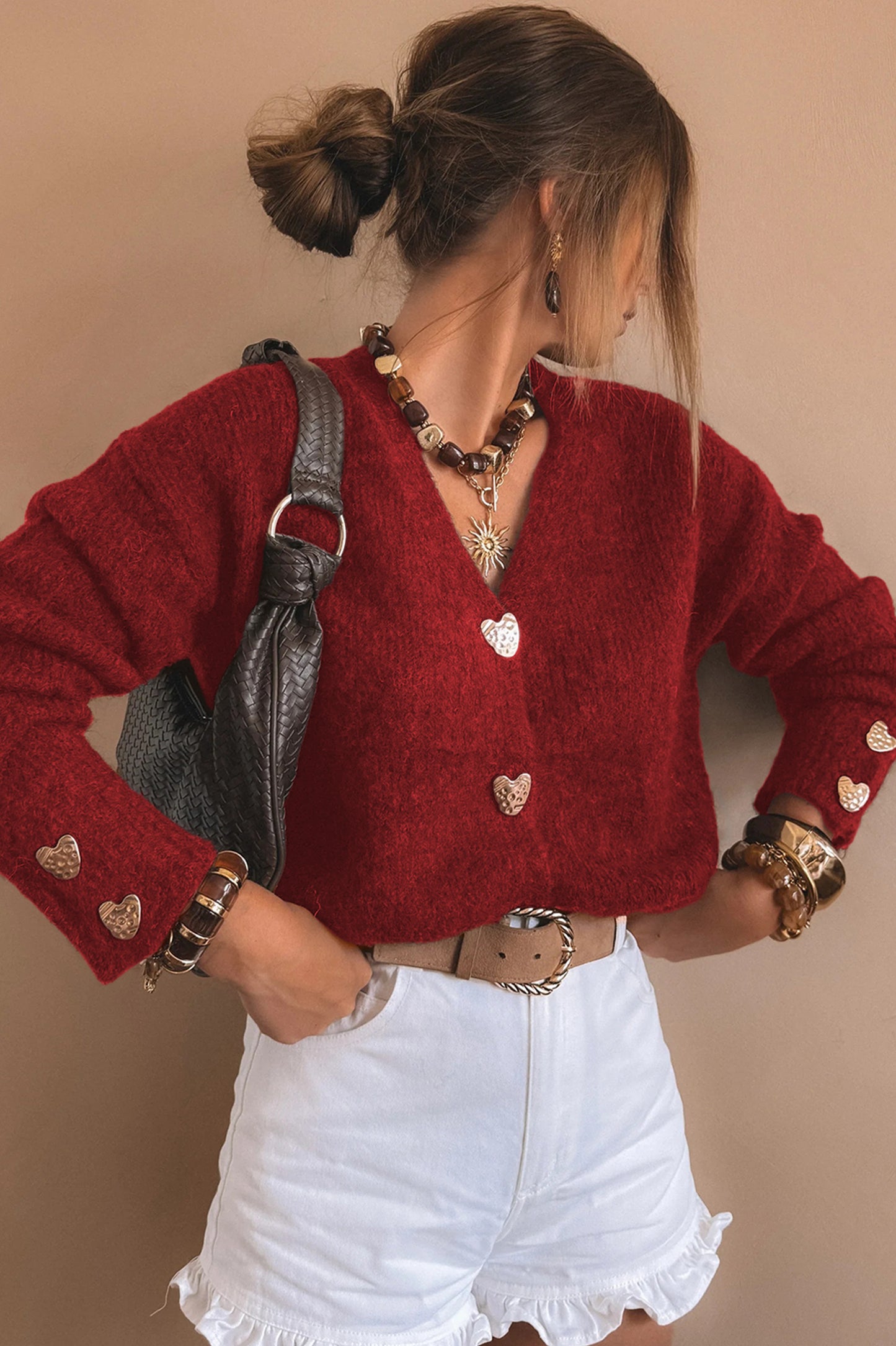 Heart Metal Button V-Neck Cardigan Sweater