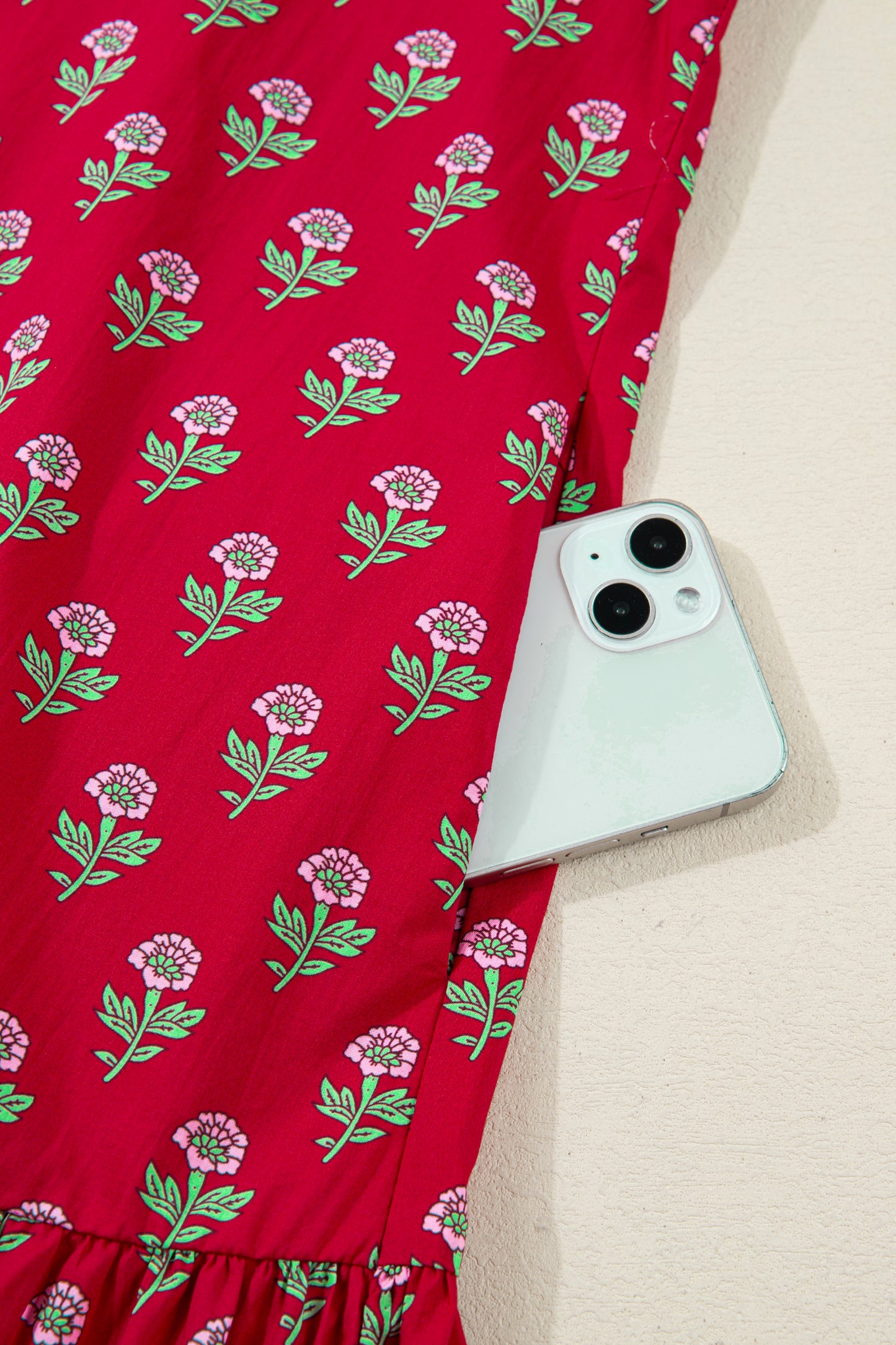 Red Floral Print Contrasted V Neck Short Bubble Sleeve Mini Dress