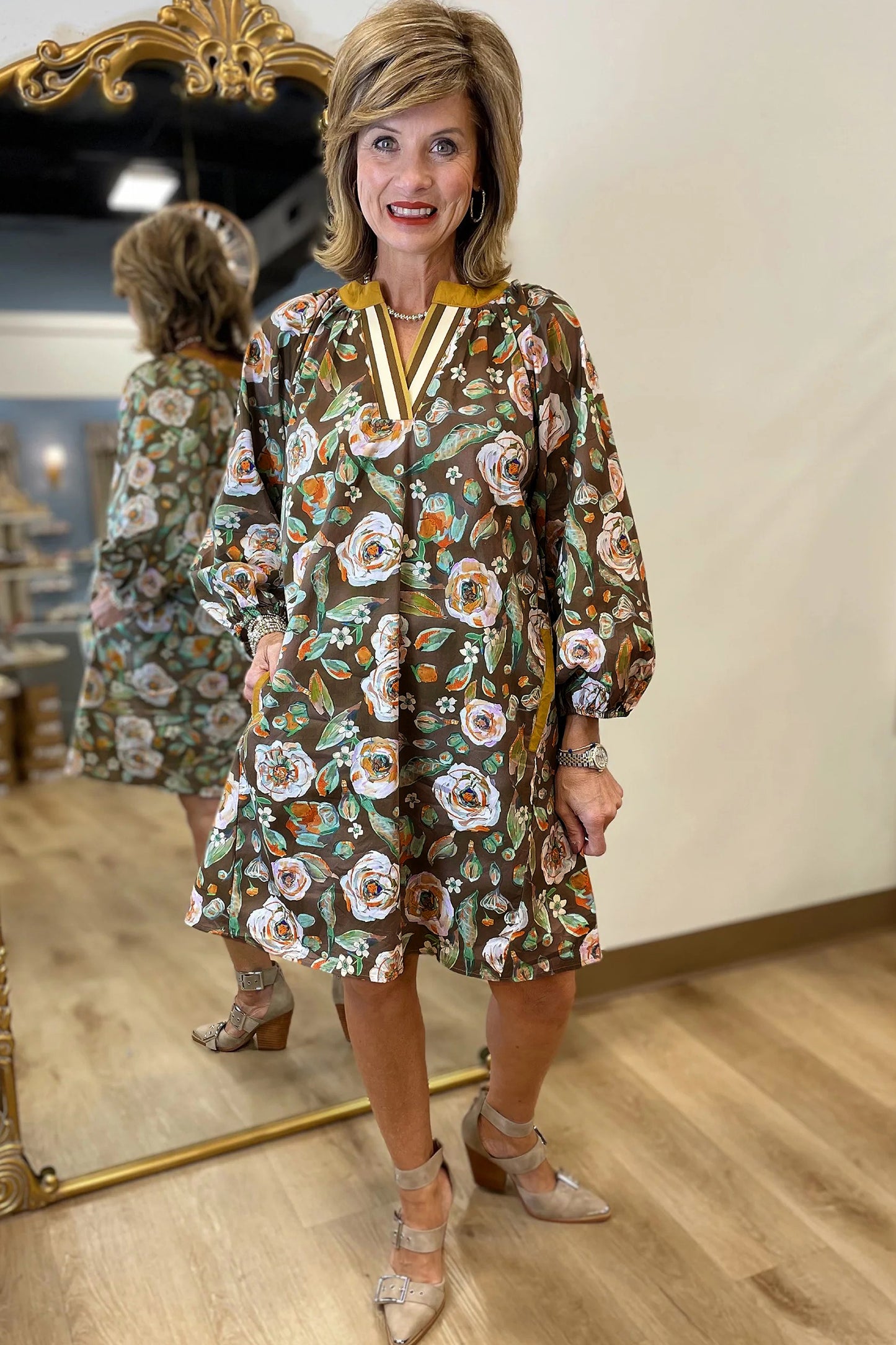 Floral Print Contrast Trim V Neck Pocketed Long Sleeve Mini Dress