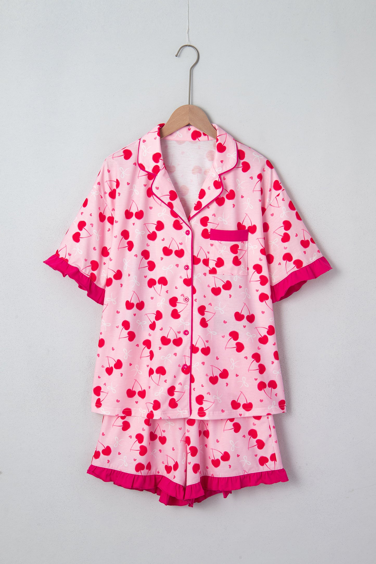 Cherry Bow Mixed Print Scalloped Edge Short Pajama Set