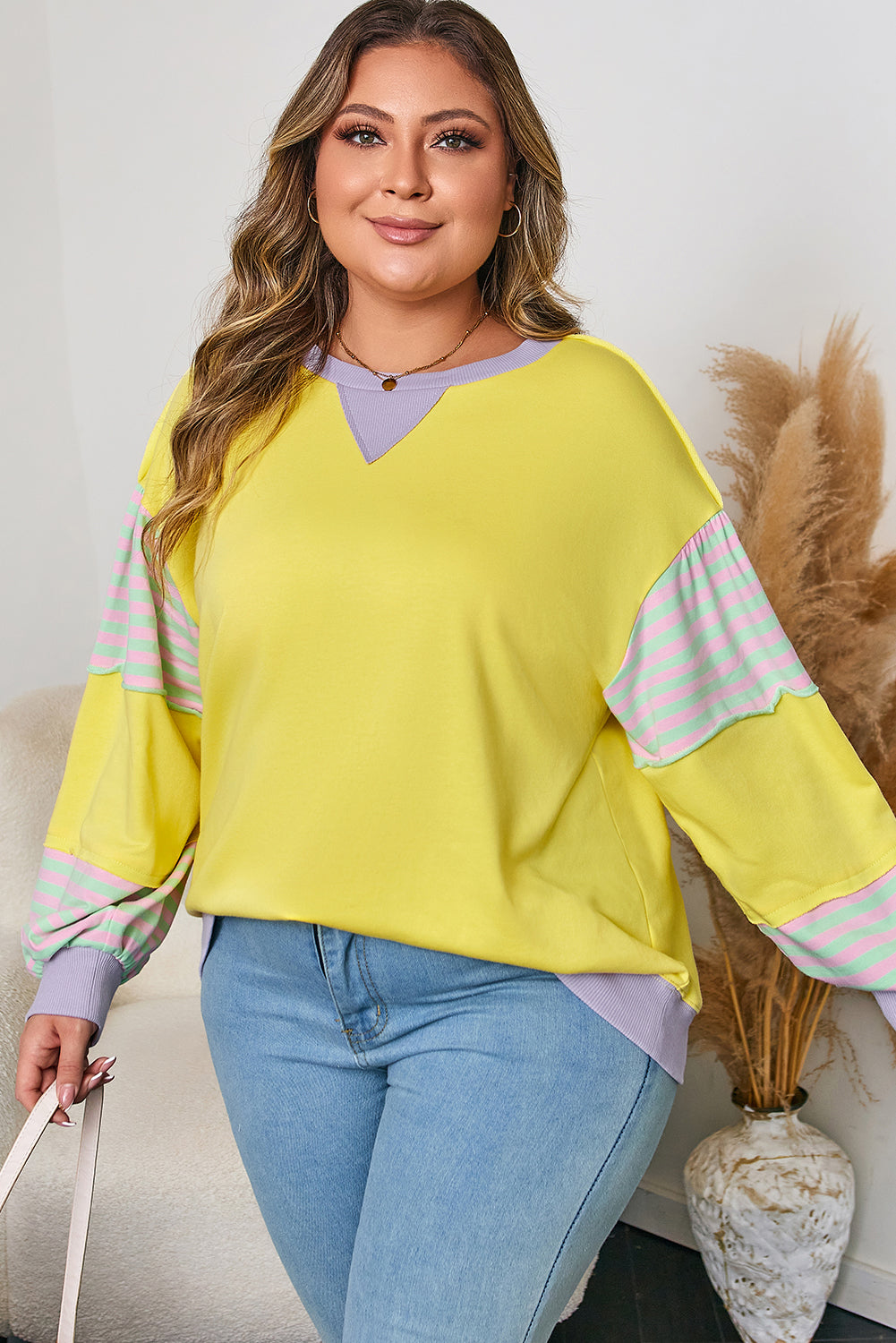 Striped Color Block Patchwork Crewneck Plus Size Pullover Sweatshirt