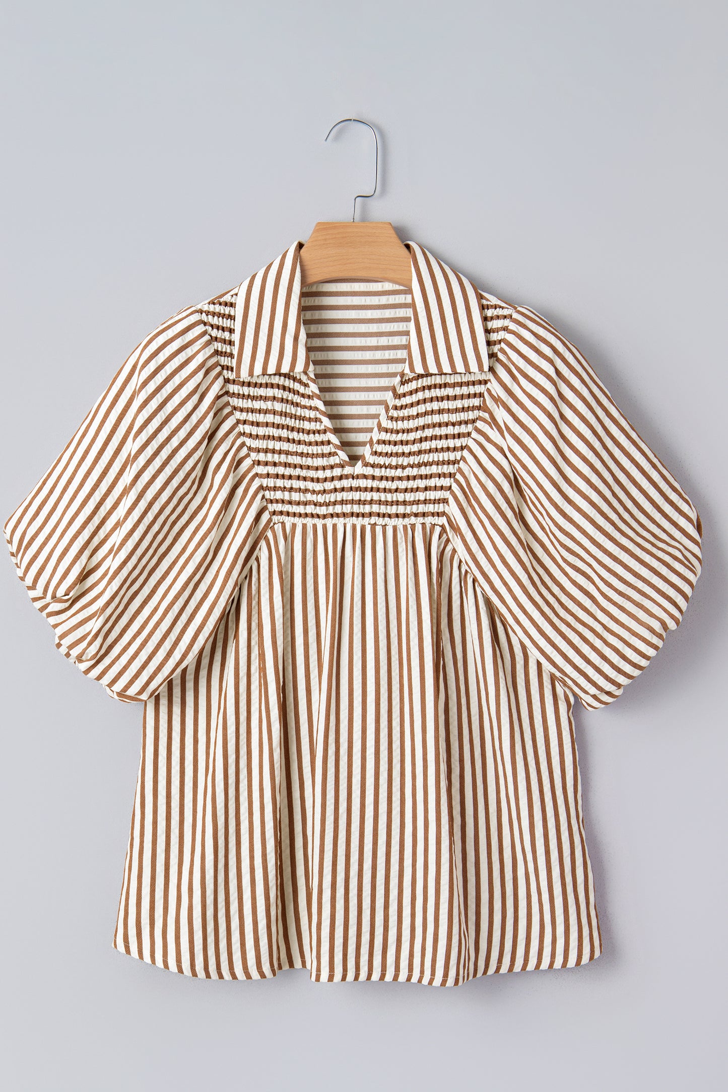 Stripe Shirred V Neck Short Puff Sleeve Blouse
