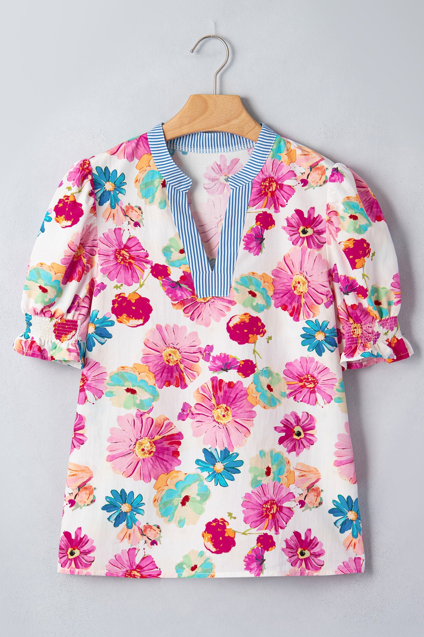 Beige Floral Print Puff Sleeve V-Neck Blouse