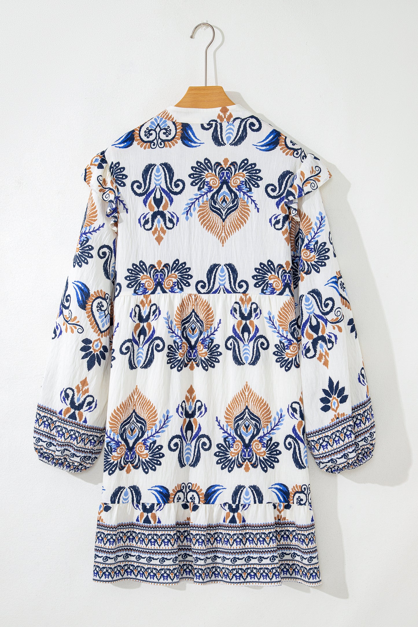 Sky Blue Boho Print Split Neck Long Sleeve Mini Dress