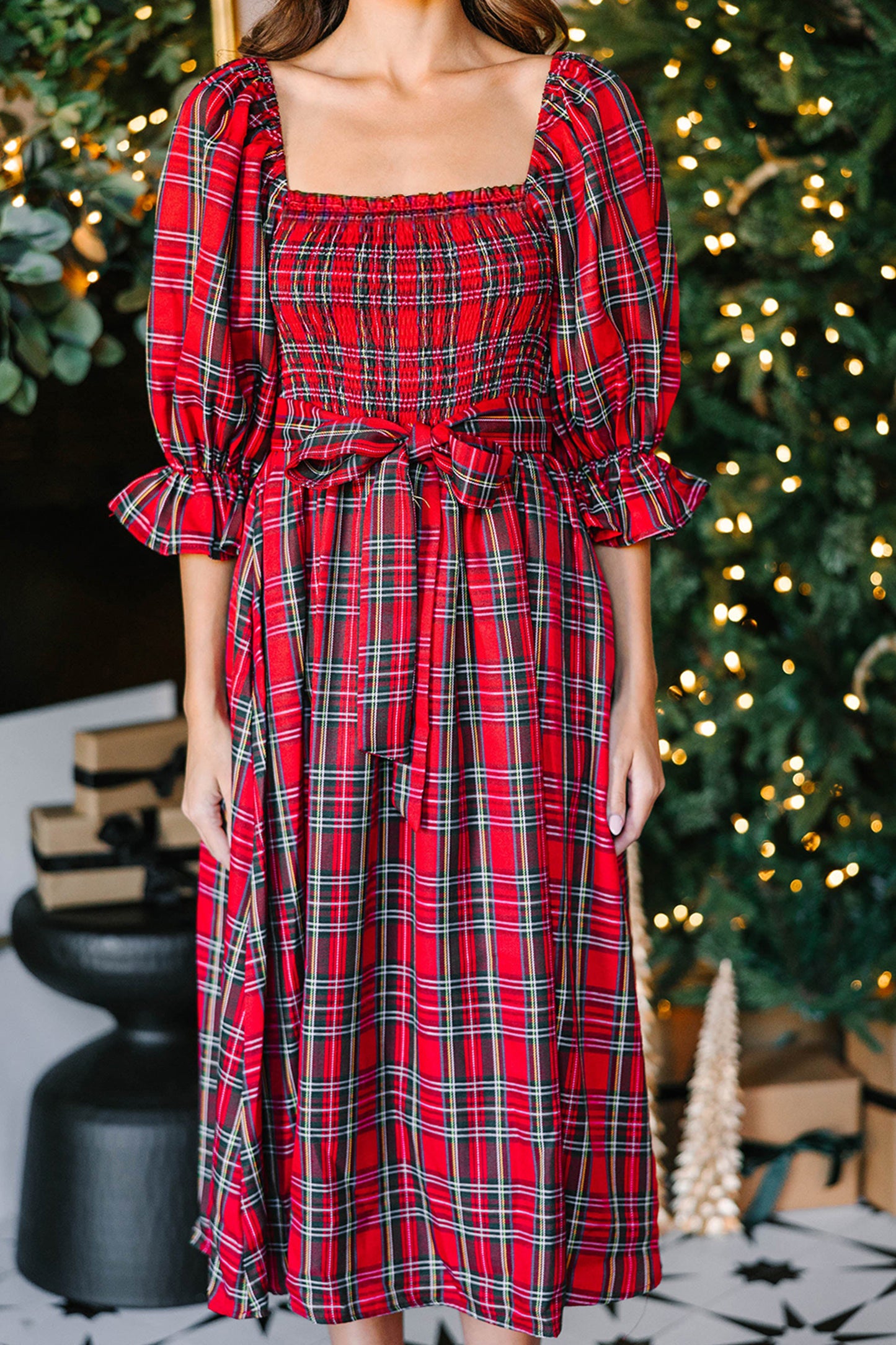 Tartan Plaid Square Neck Puff Sleeve Knot Waist Flared Midi Dress