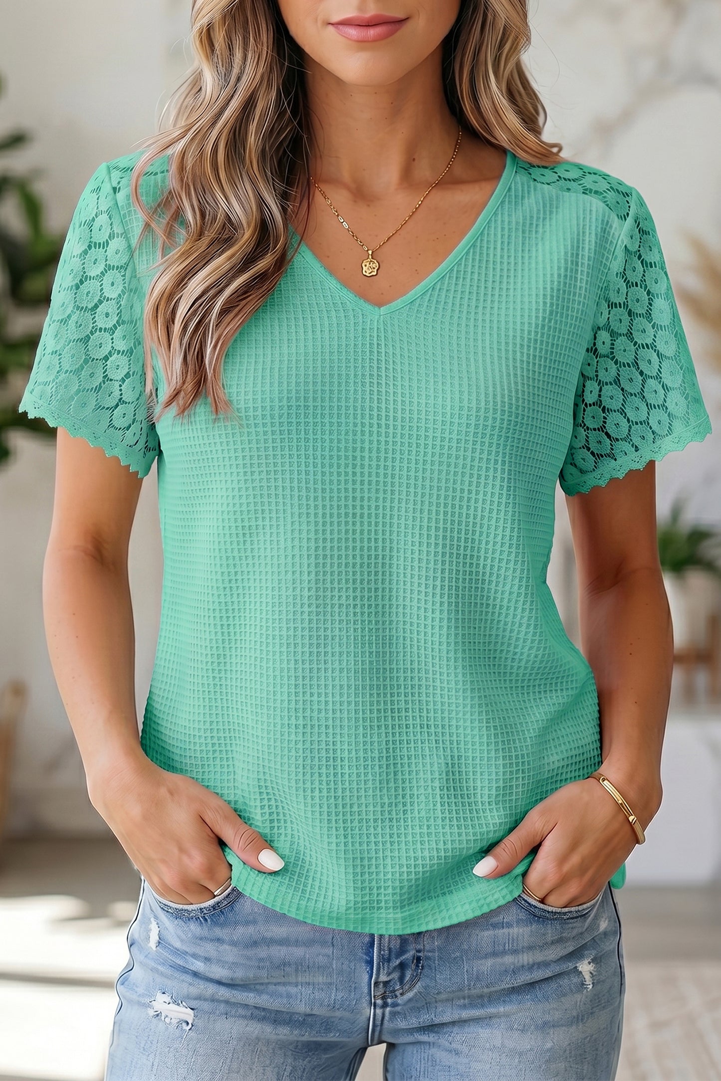 Lace Trim Button Cutout V-Neck Waffle Knit Blouse