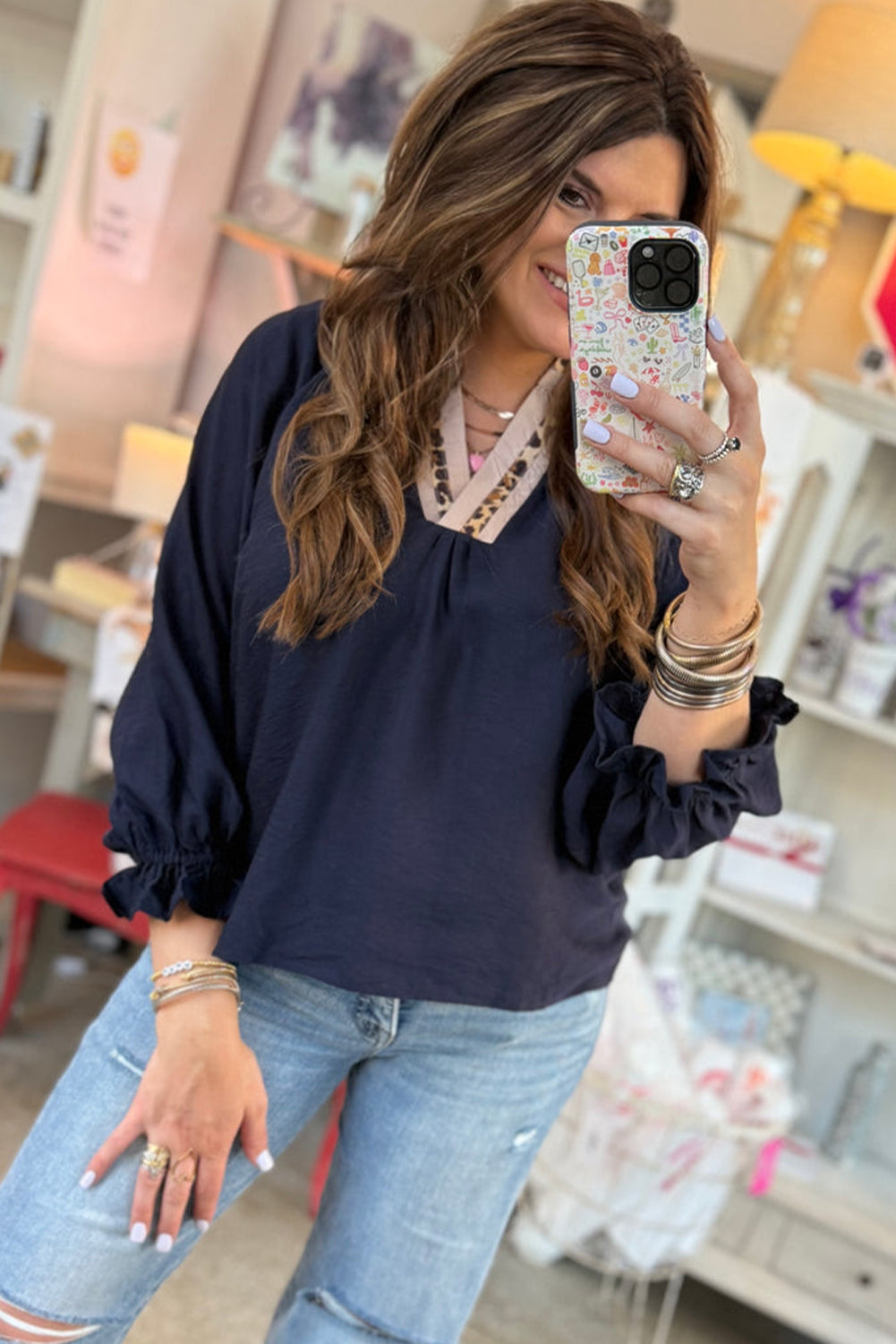 Contrast Leopard Patchwork Collar Plus Size Long Flounce Sleeve Blouse