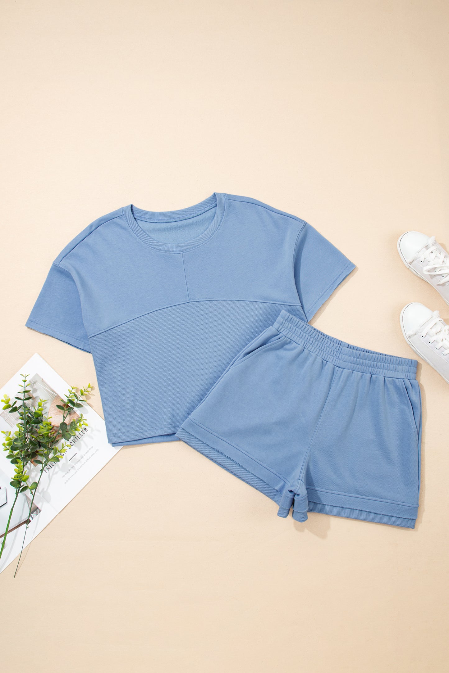 Sky Blue Contrast Textured Patchwork Raw Edge Short Set