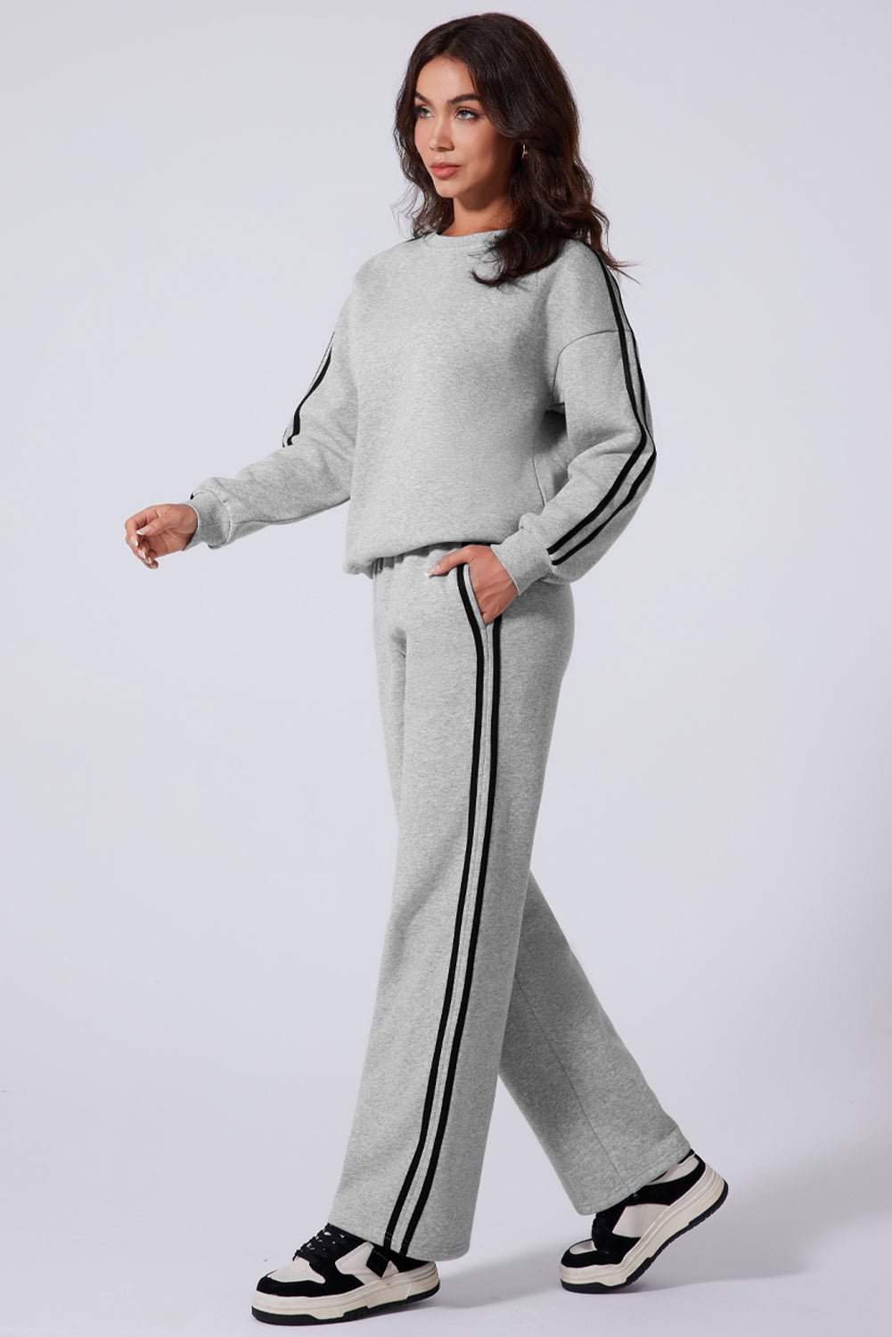 Solid Color Side Striped Sweatshirt Active Set
