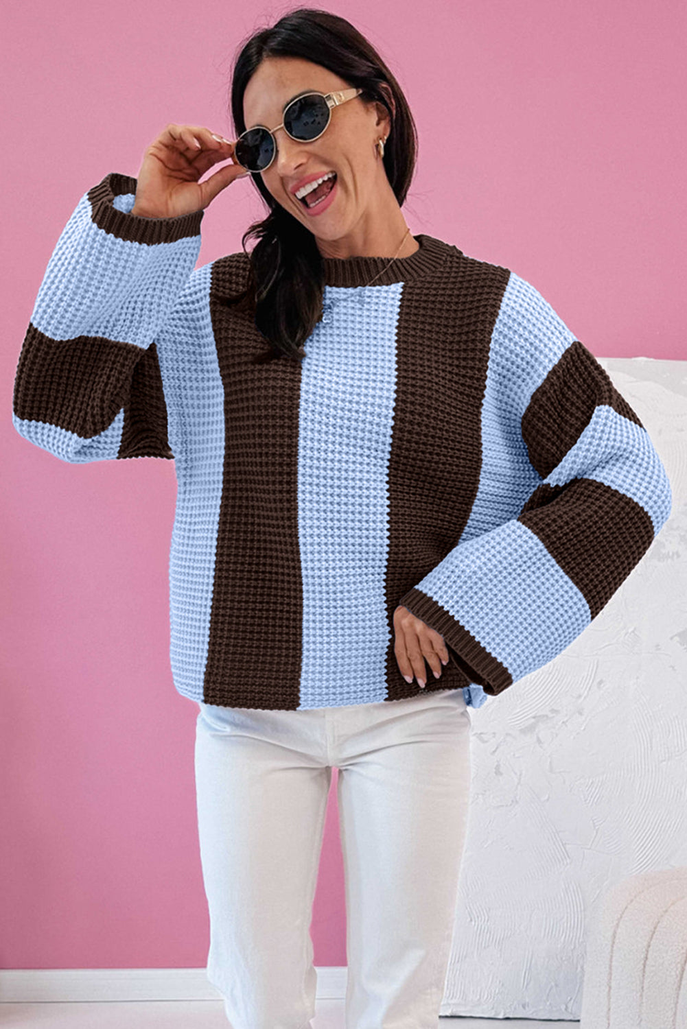 Striped Color Block Thermal Textured Knit Drop Shoulder Sweater - Myosotis