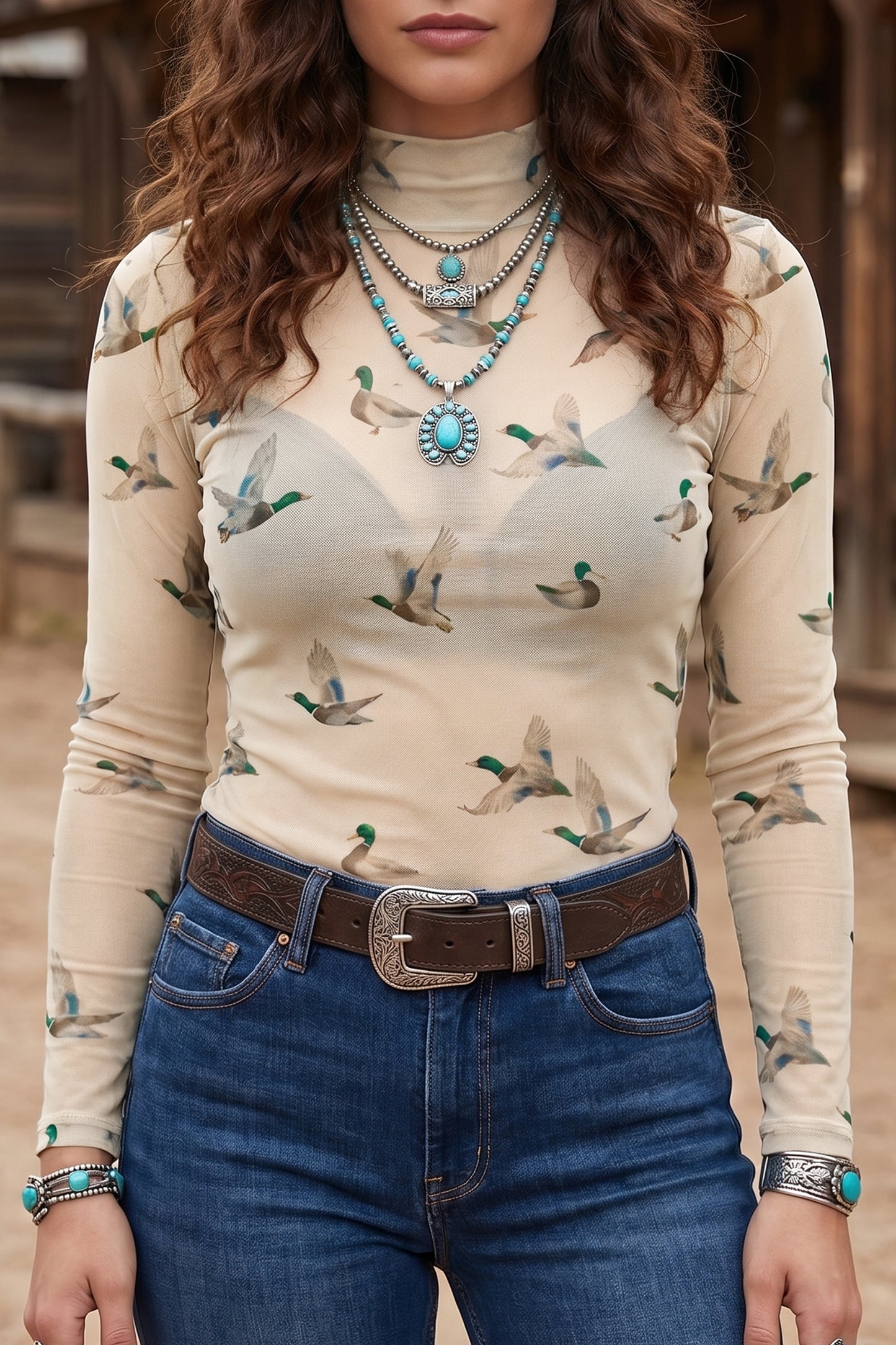 Beige Western Print Mesh High Neck Long Sleeve Top