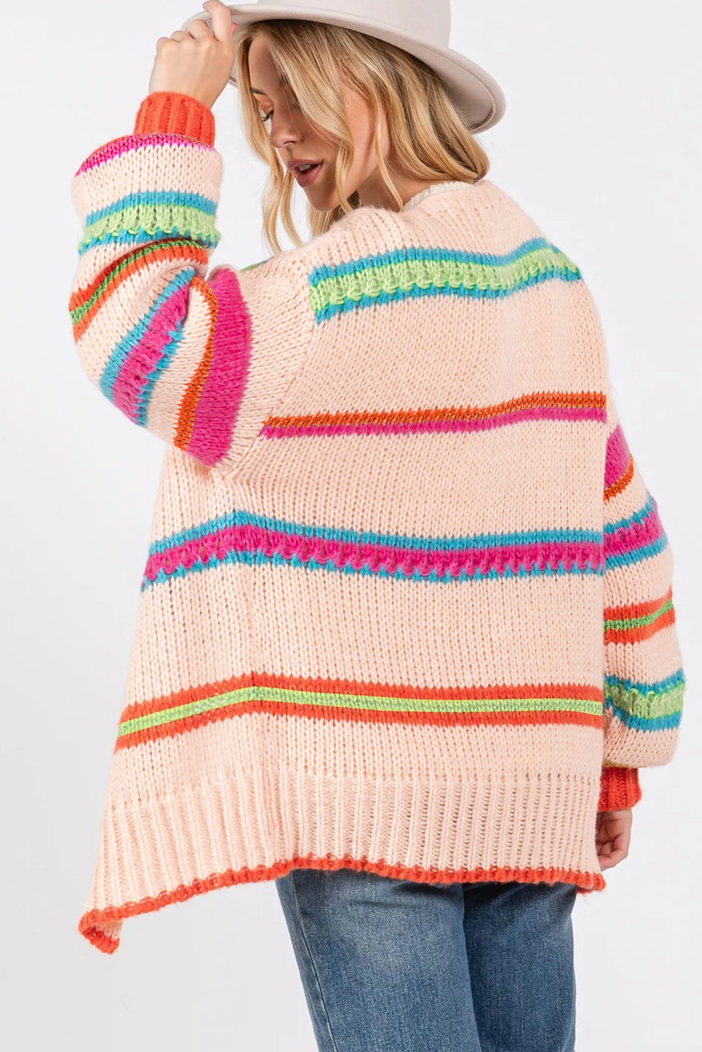 Open Front Striped Colorblock Knit Oversize Cardigan