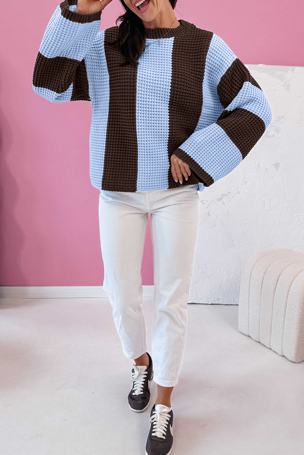 Striped Color Block Thermal Textured Knit Drop Shoulder Sweater - Myosotis