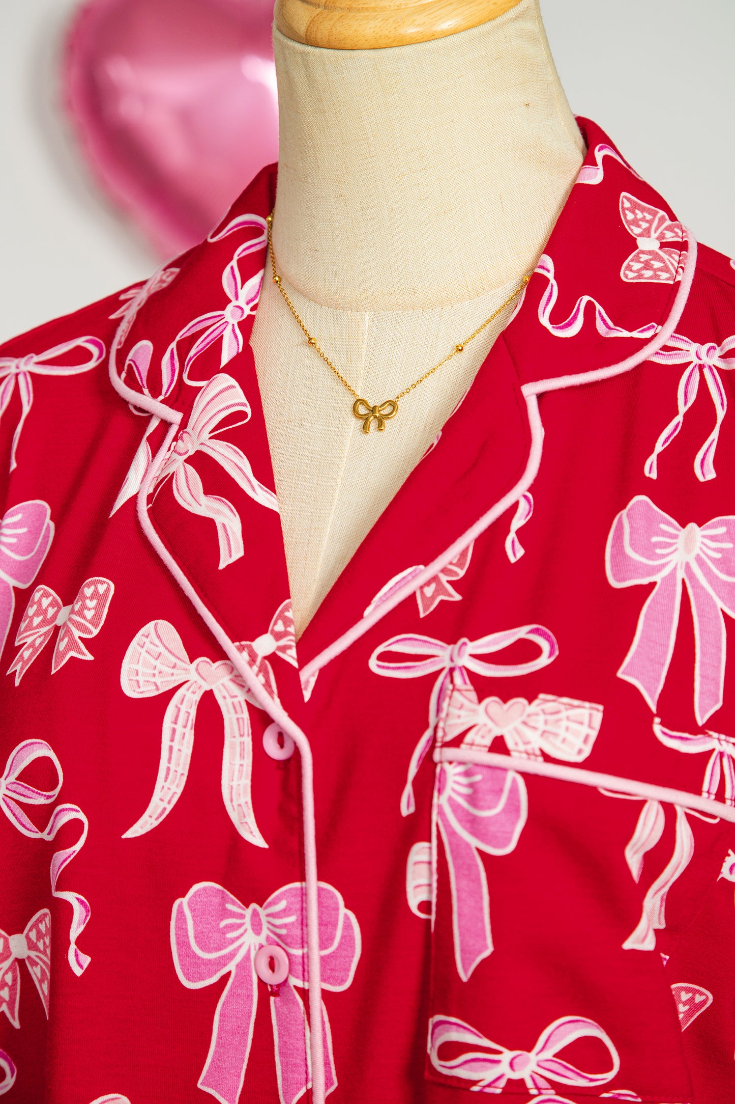 Sweet Bow Print Shirt Style Top & Long Pants Pajama Set