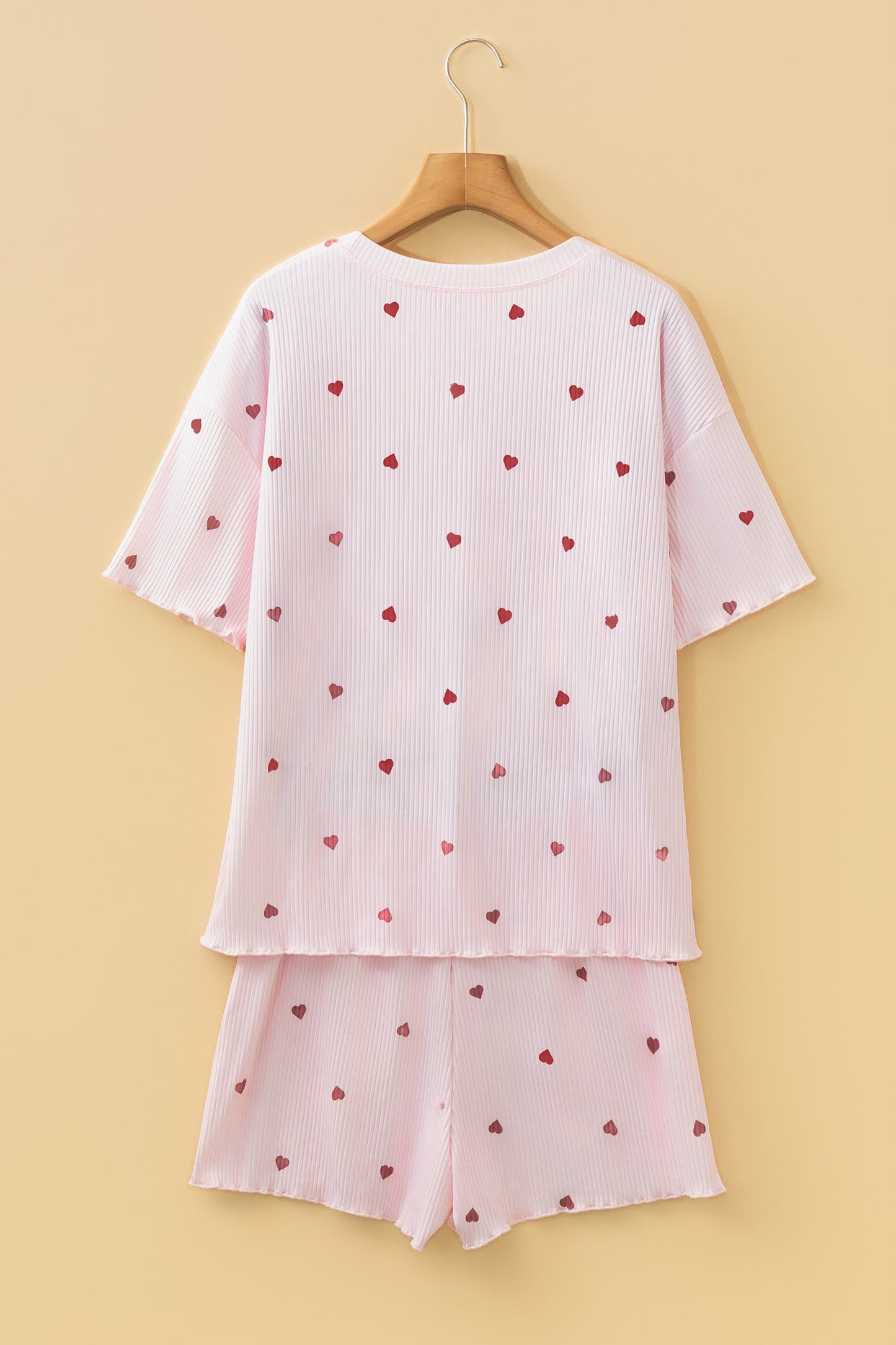 Valentine Heart Print Ribbed Knit Short Lounge Set - Light Pink