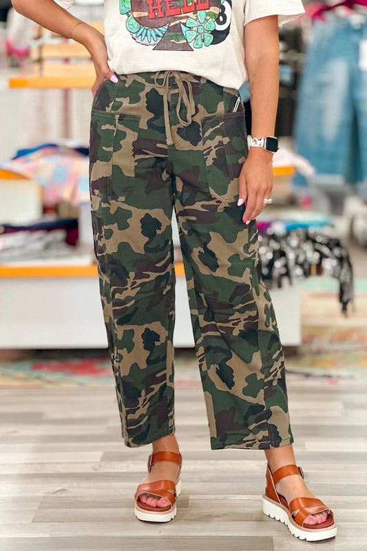 Camouflage Print Drawstring Patch Pocket Barrel Jeans