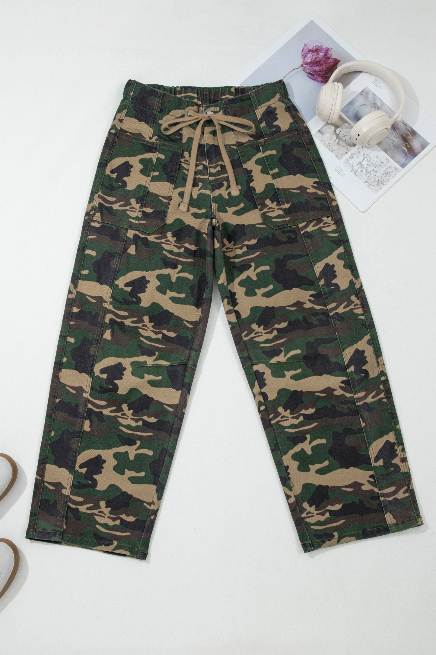 Camouflage Print Drawstring Patch Pocket Barrel Jeans