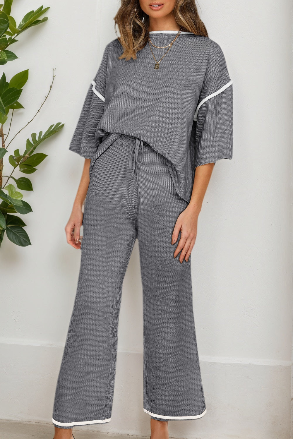 Contrast Trim Half Sleeve Top & Drawstring Pants Sweater Set