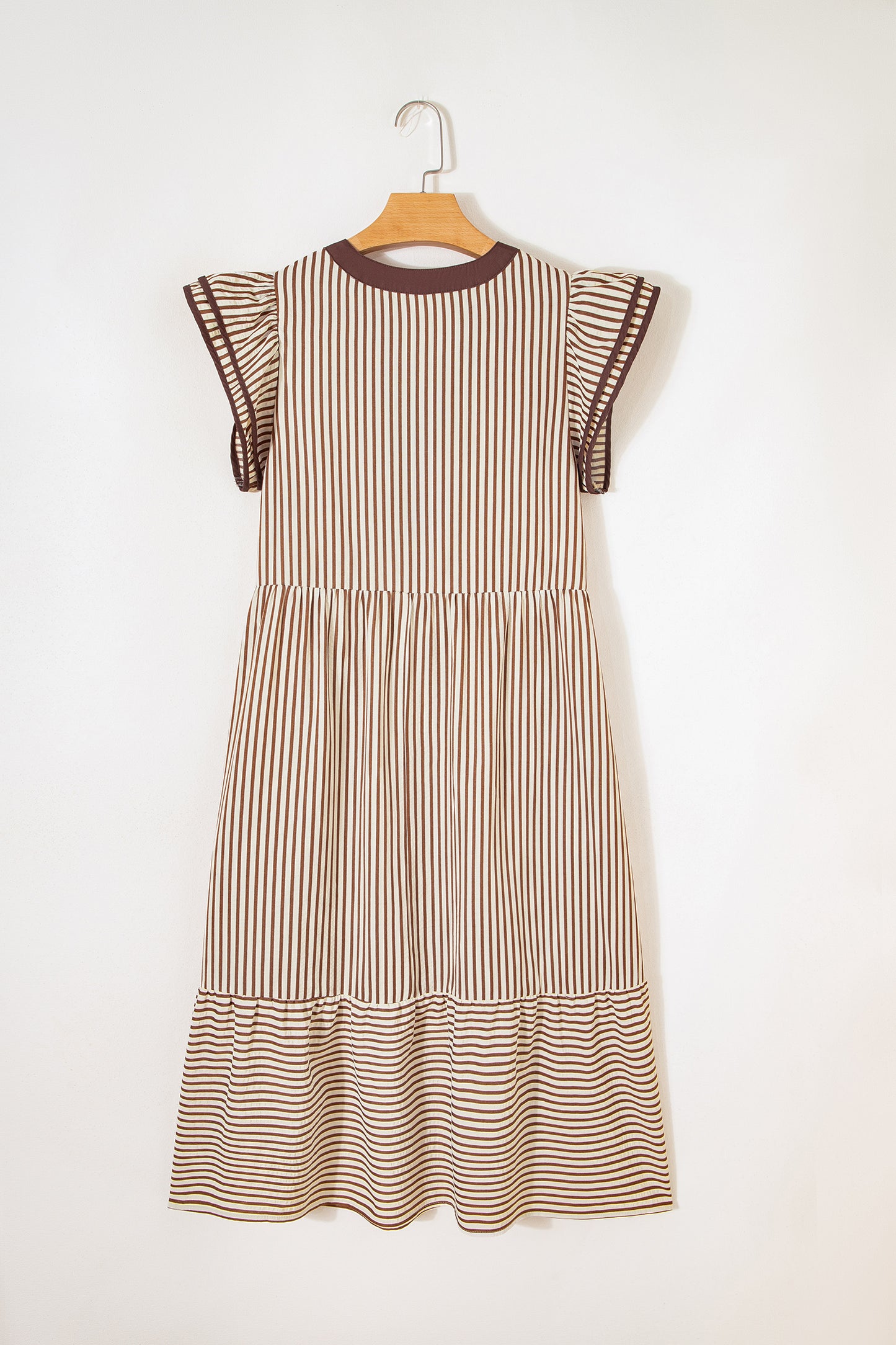 Stripe Double Ruffled Short Sleeve Contrast Trim V Neck Midi Dress