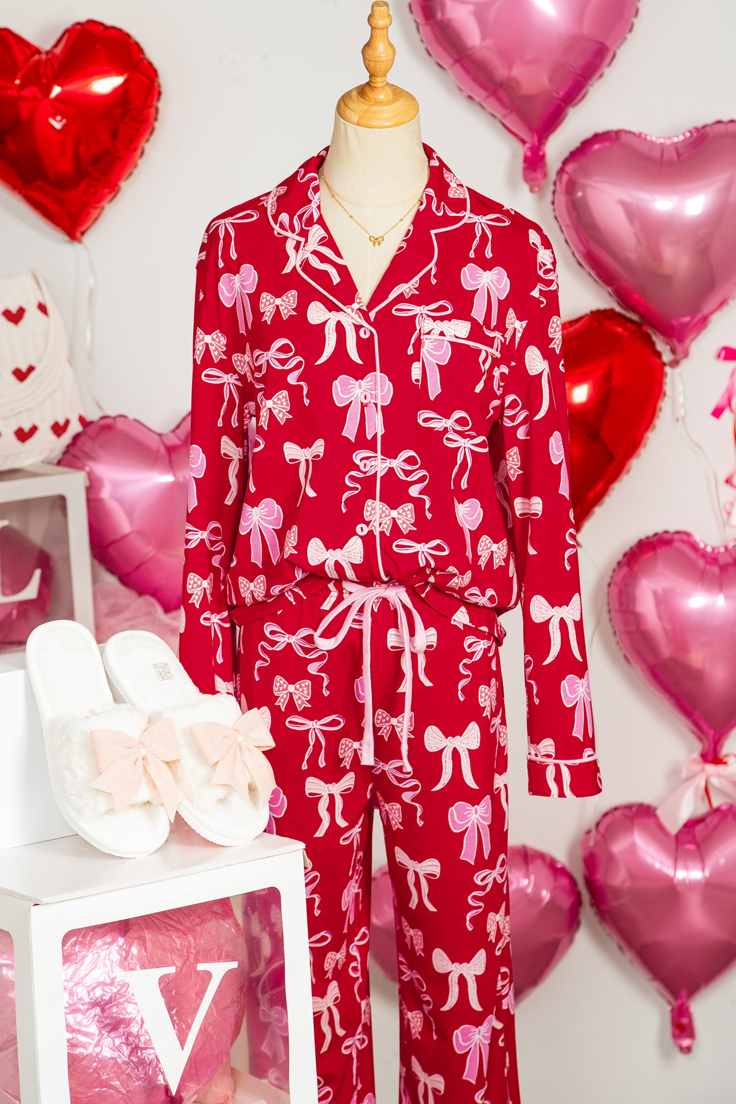 Sweet Bow Print Shirt Style Top & Long Pants Pajama Set