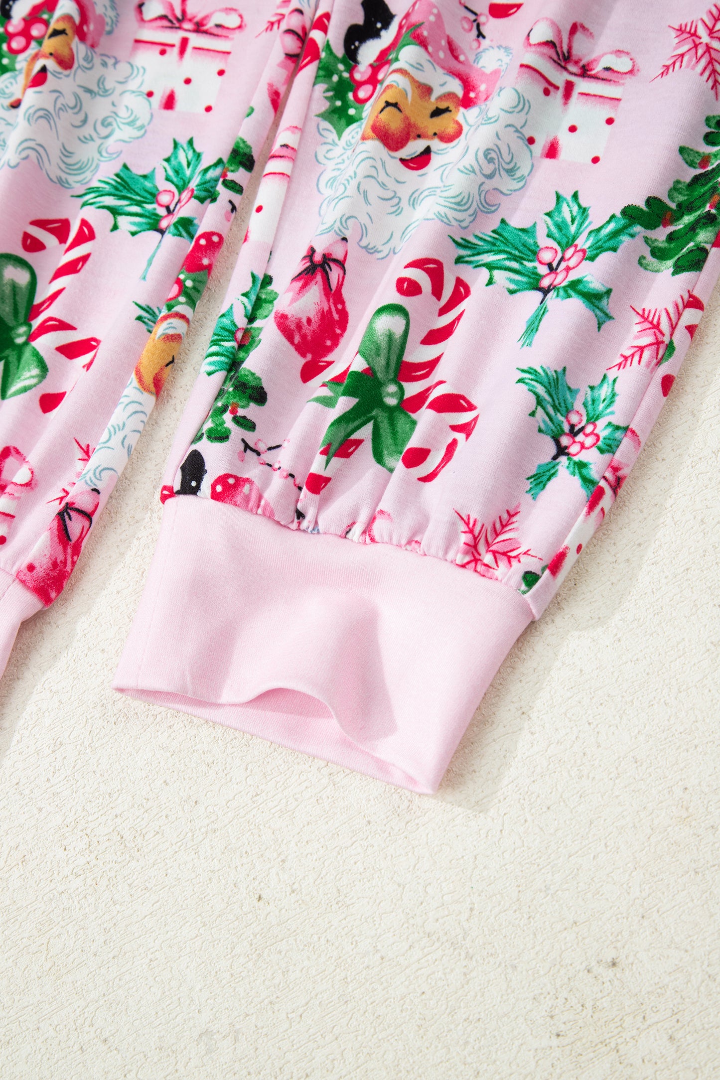 Pink Christmas Pattern Button V Neck Pullover and Drawstring Pants Lounge Set