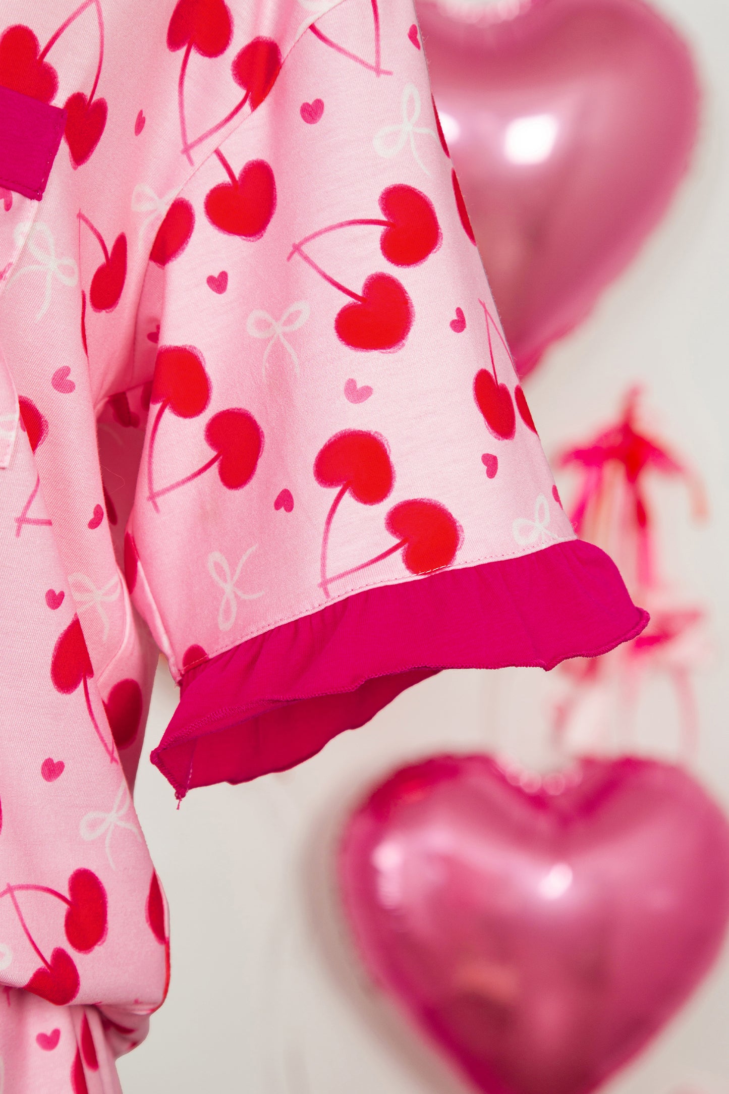 Cherry Bow Mixed Print Scalloped Edge Short Pajama Set