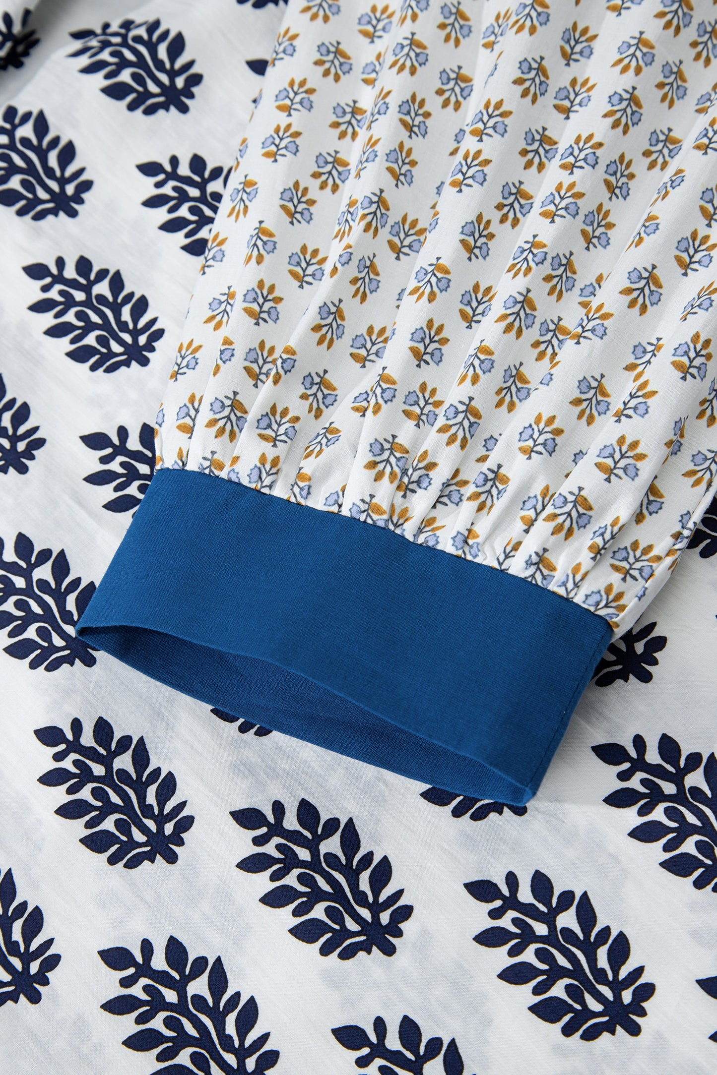 Boho Floral Print Contrast Trim Split Neck Puff Sleeve Patchwork Blouse