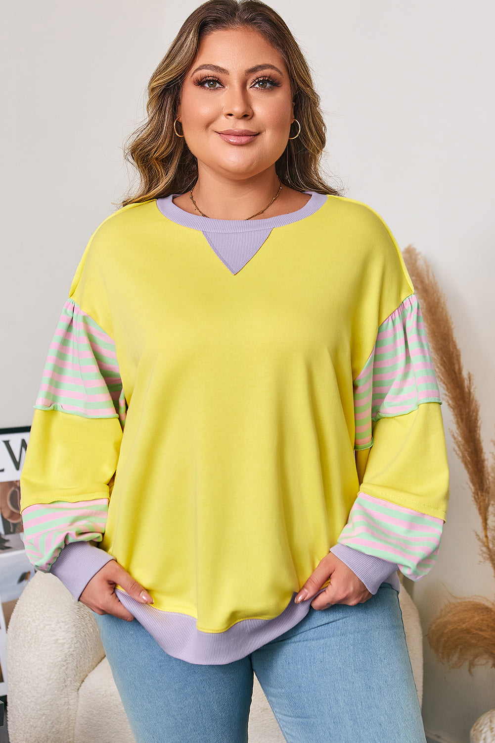 Striped Color Block Patchwork Crewneck Plus Size Pullover Sweatshirt