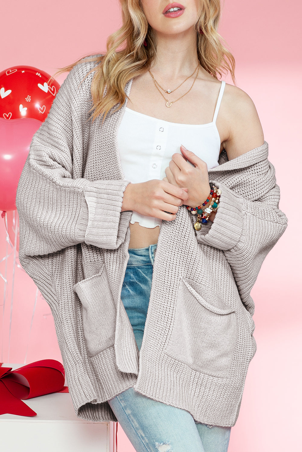 Grey Batwing Sleeve Oversized Cable Knit Cardigan with Pockets