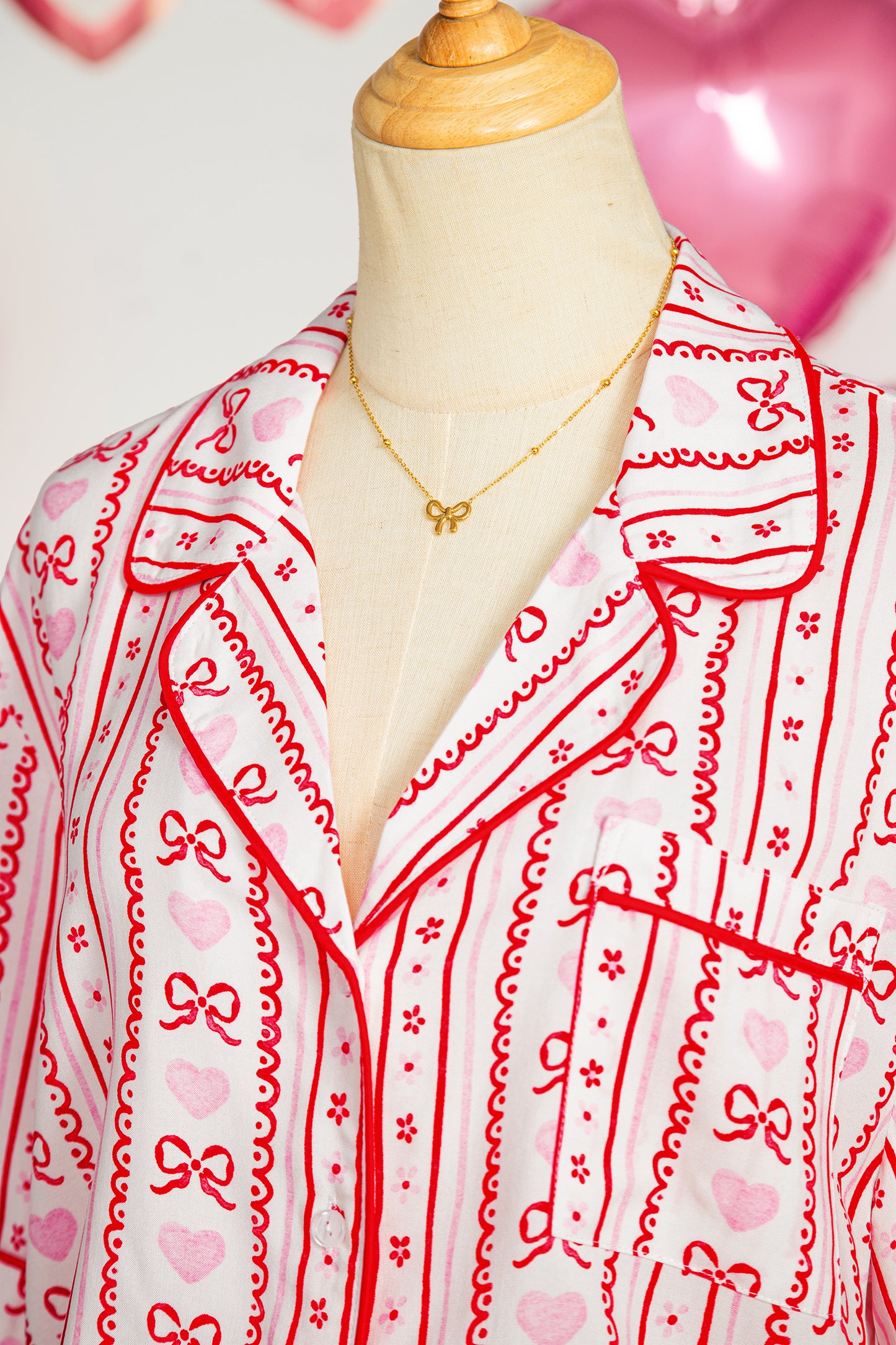 Bow Heart Print Ribbon Decor Short Pajama Set - Red