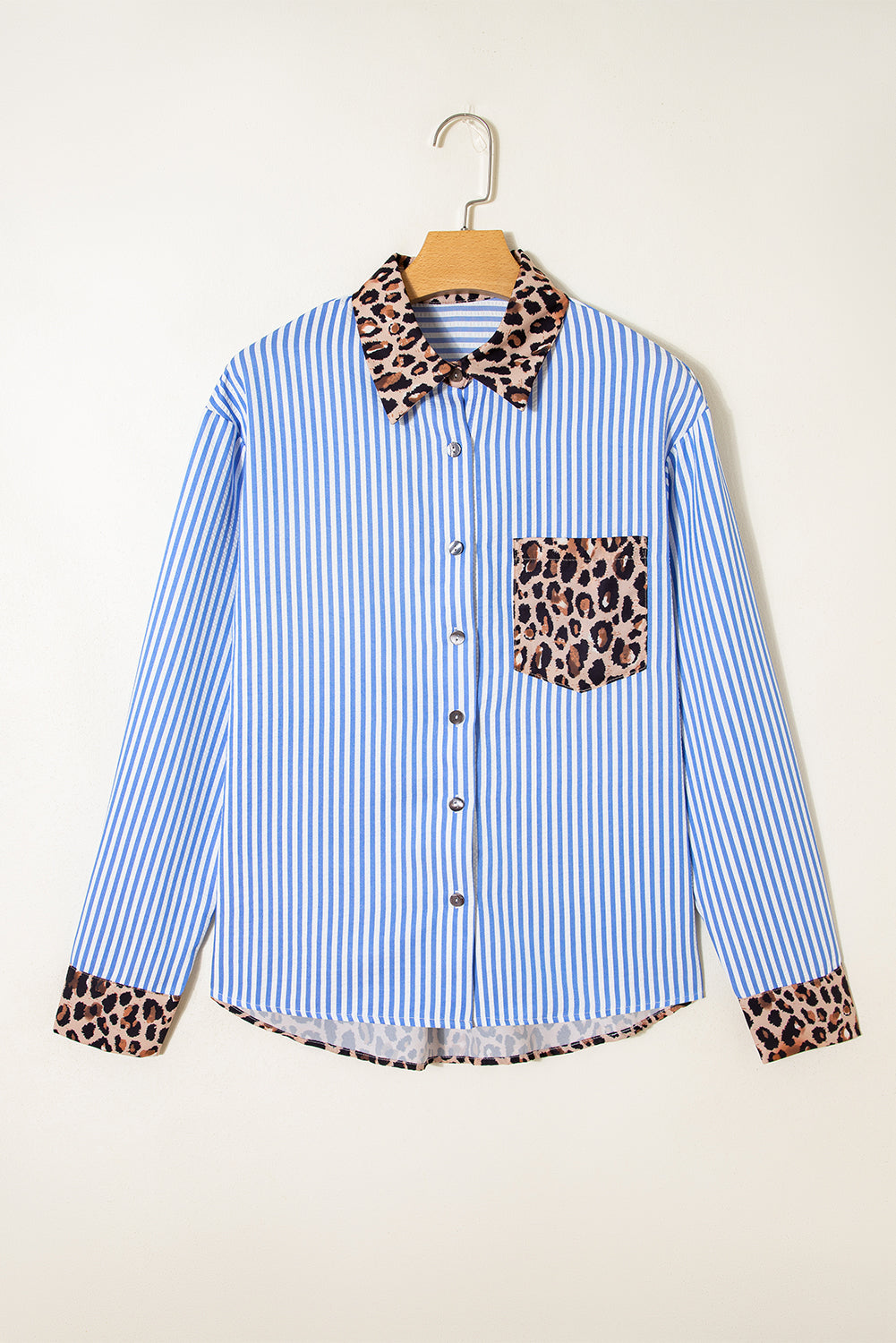 Striped Leopard Print Patchwork Button Up Shirt