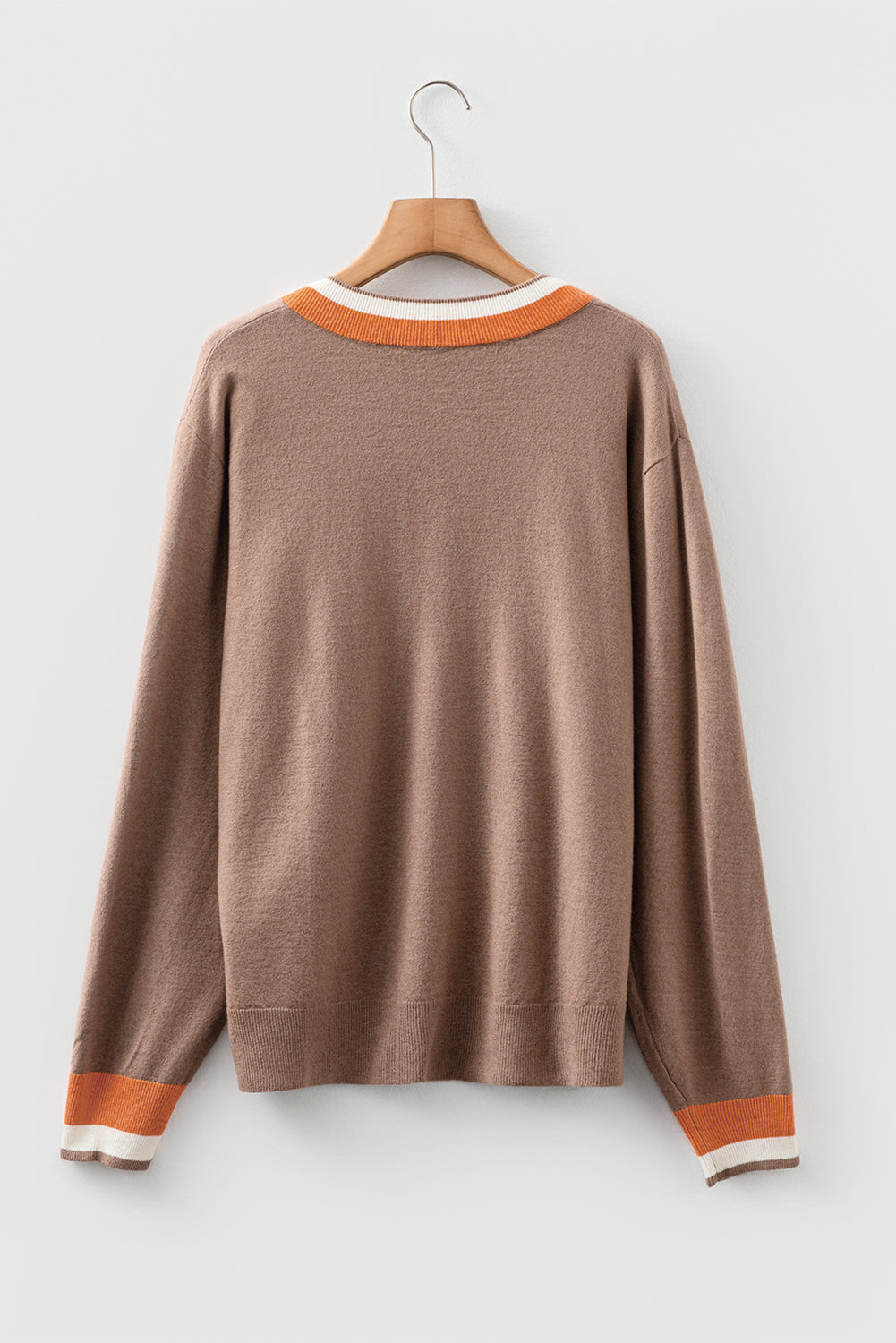 Dark Khaki Contrast Striped Trim V-Neck Varsity Sweater