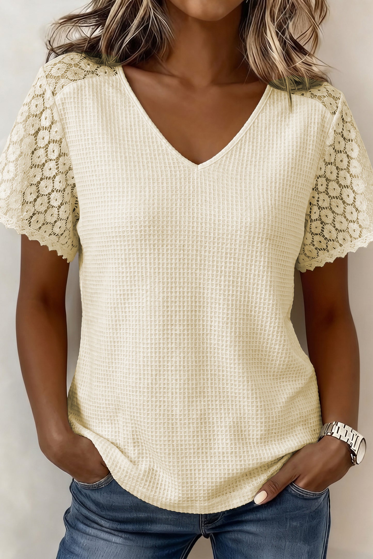 Lace Trim Button Cutout V-Neck Waffle Knit Blouse