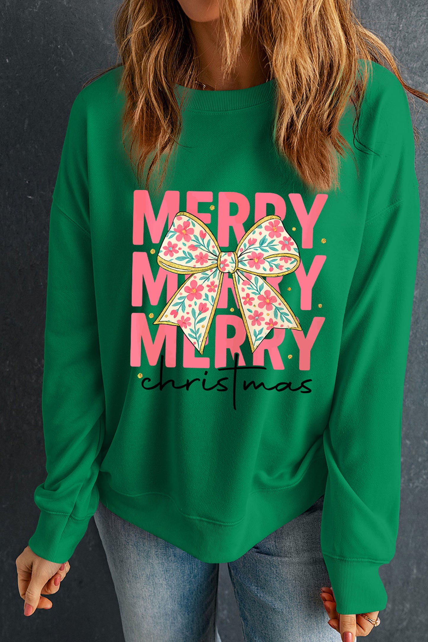 Dark Green Merry Christmas Floral Bow Graphic Drop Shoulder Sweatshirt