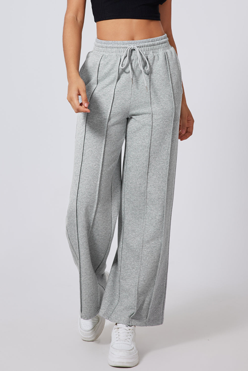 Grey Seamed Drawstring High Waist Wide Leg Sweatpants
