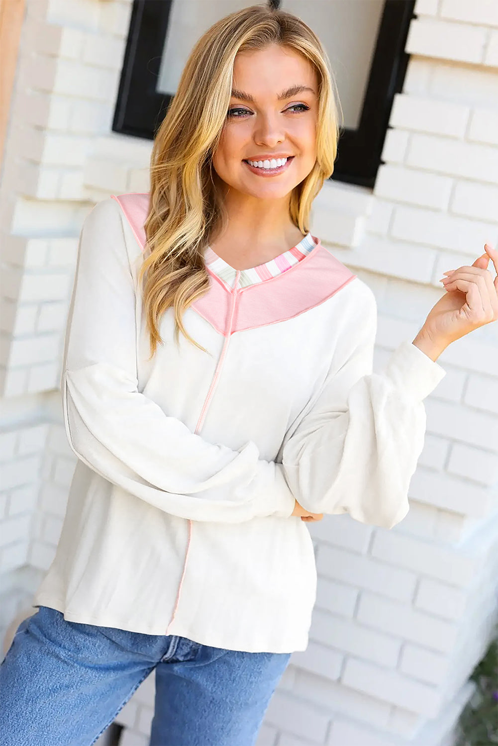 Exposed Seam Rainbow Stripe Color Block V Neck Loose Long Sleeve Top