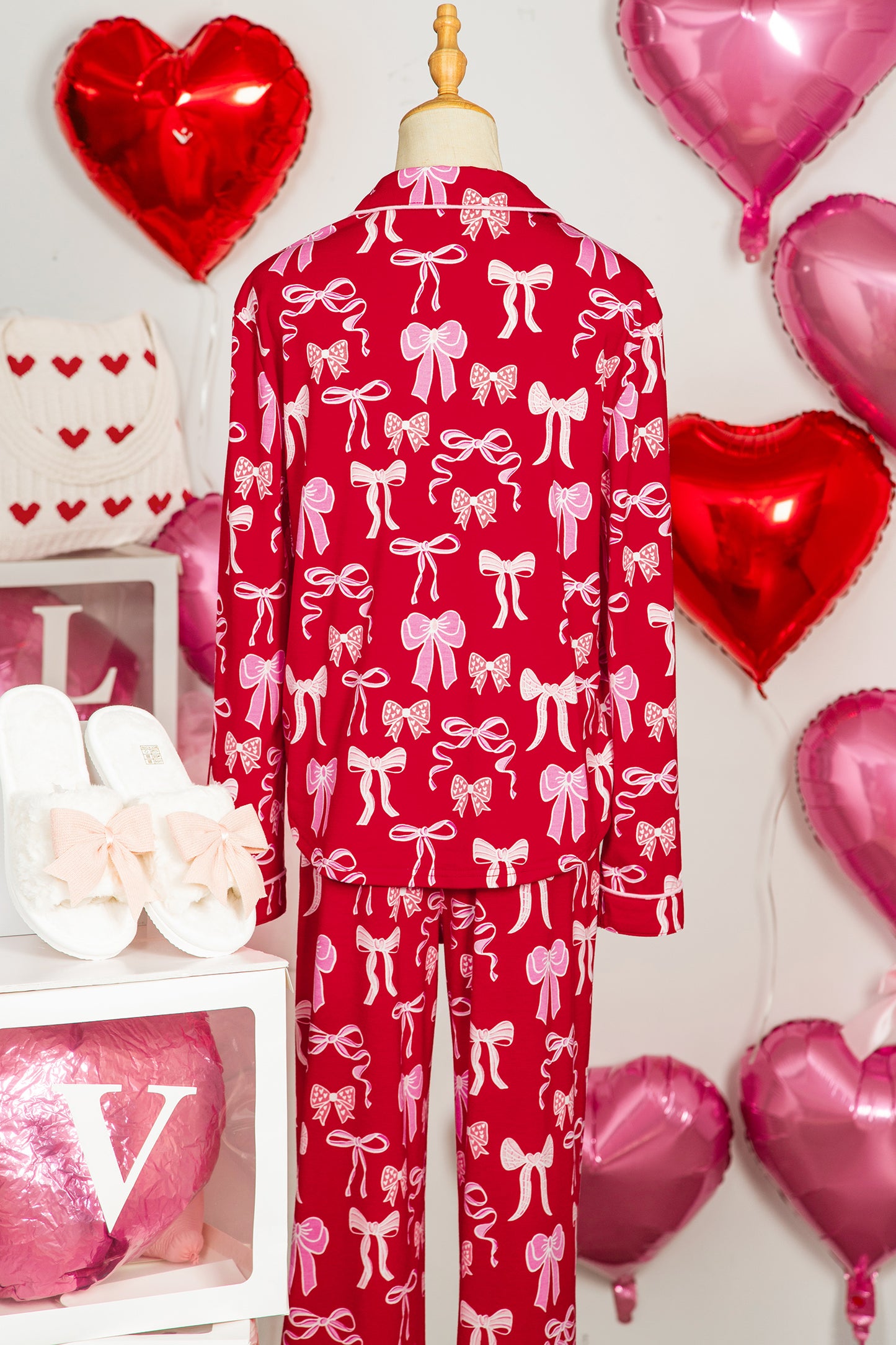 Sweet Bow Print Shirt Style Top & Long Pants Pajama Set