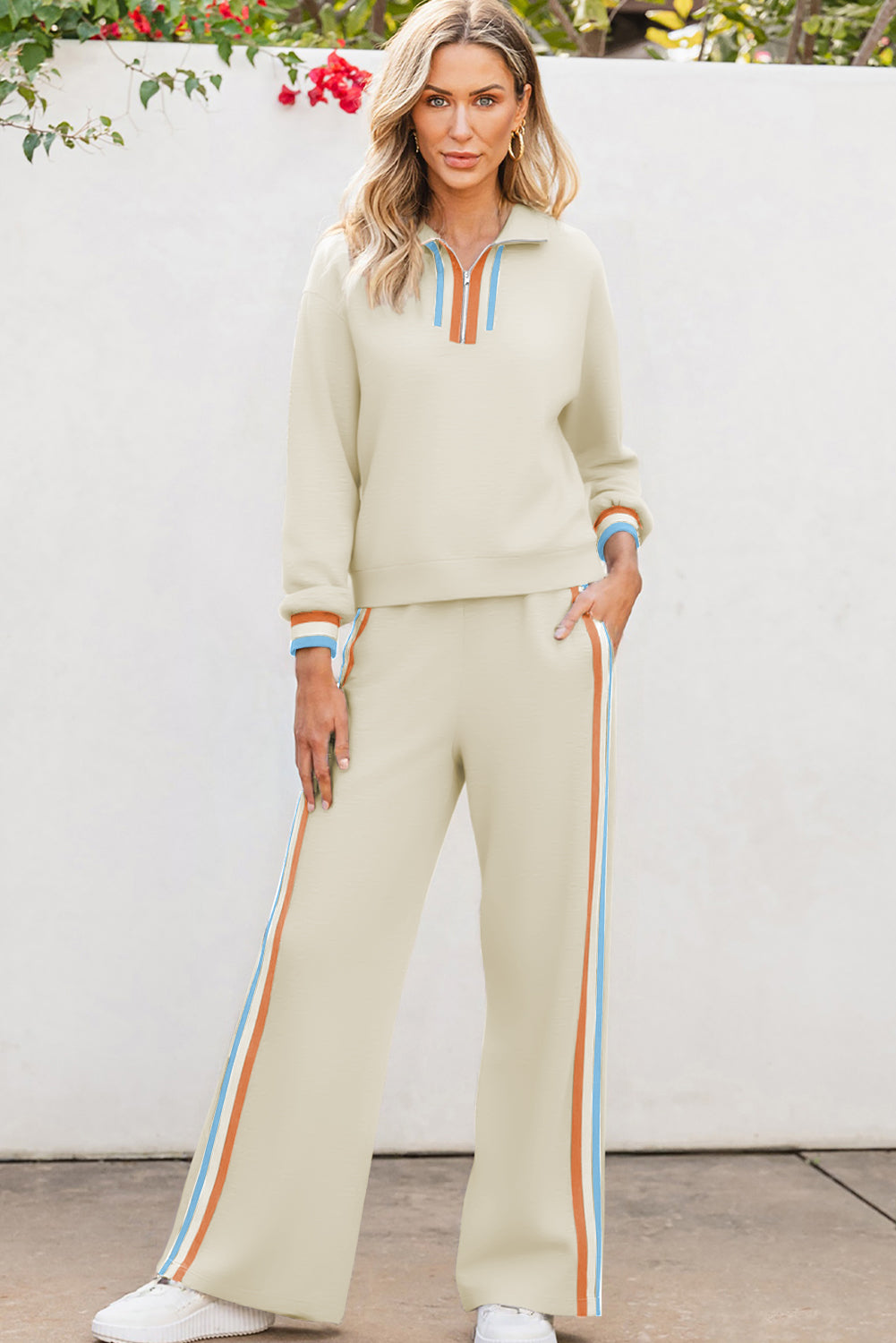 Striped Patchwork Quarter Zip Pullover Loose Pants Set