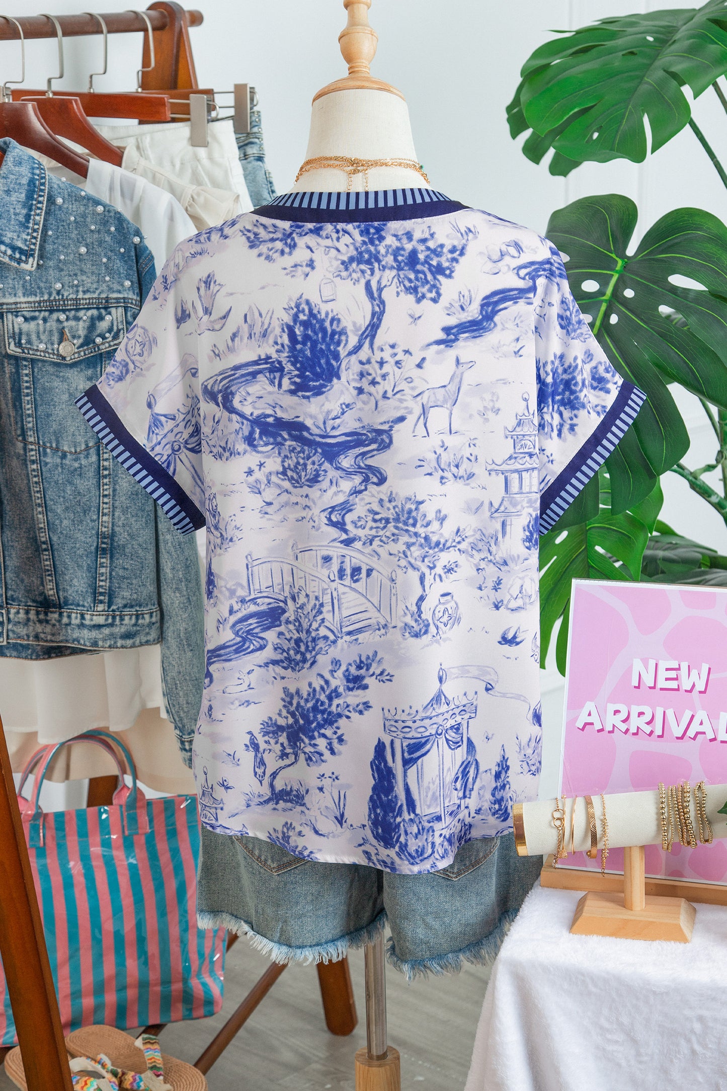 Blue Animal Print Striped Trim V-Neck Blouse