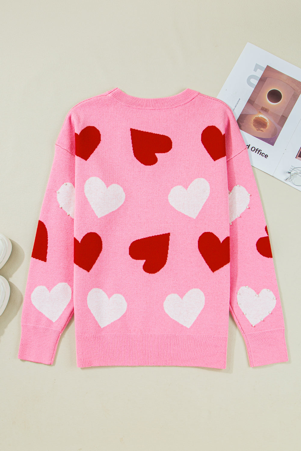 Pearl Embellished Heart Pattern Valentine's Day Sweater