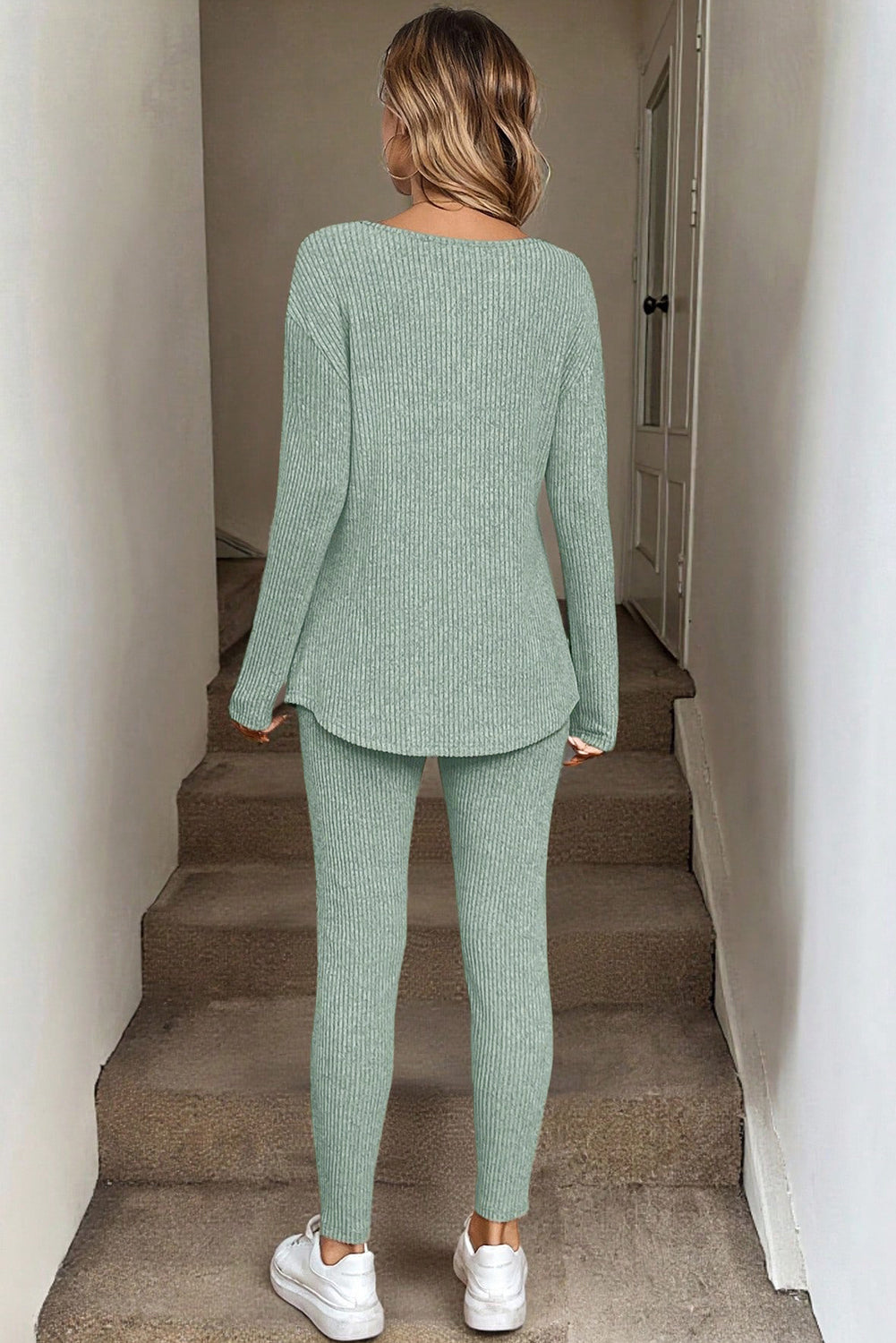 Grass Green Ribbed Notched Neck Knit Long Sleeve and Leggings Lounge Set