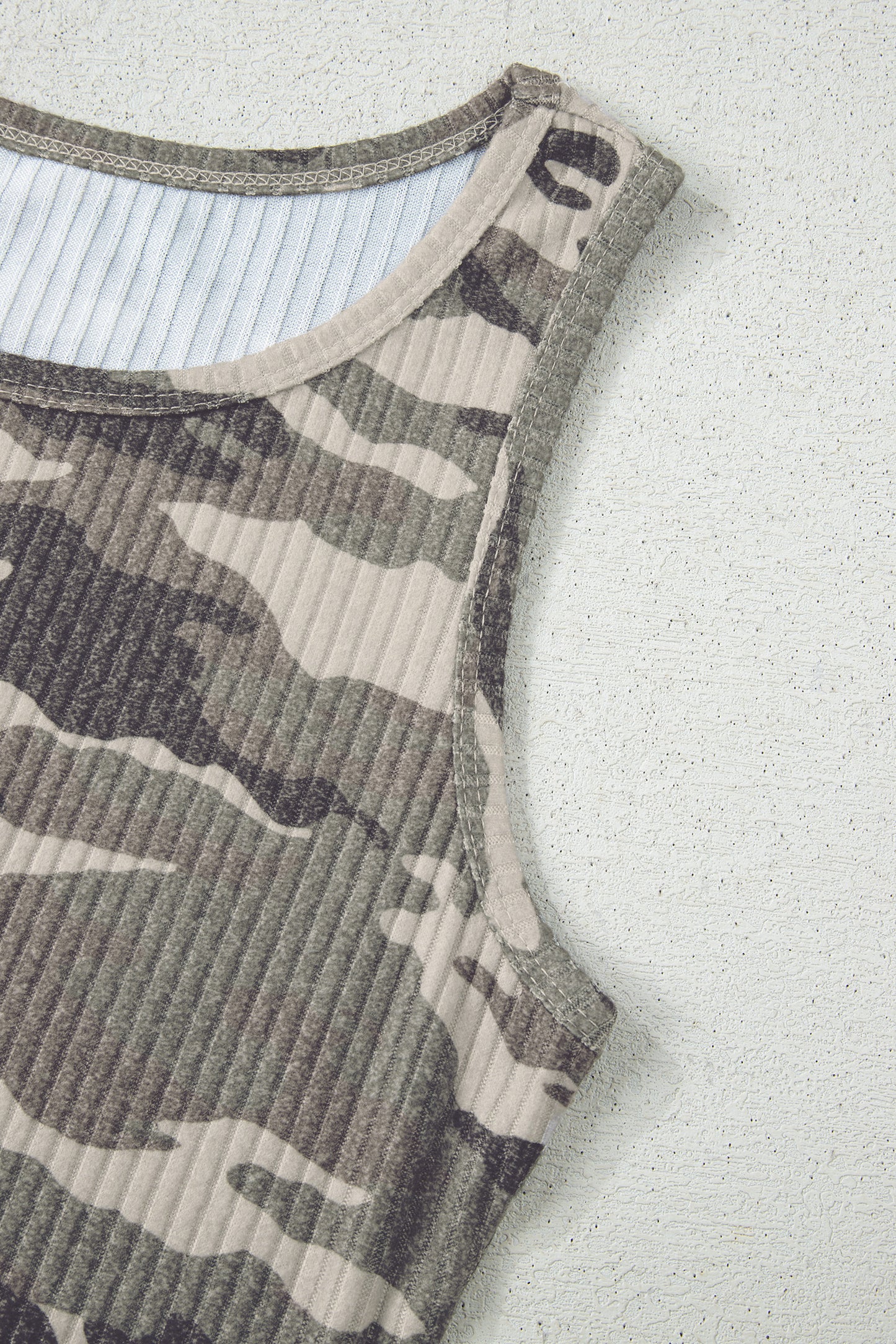 Green Camouflage Print Ribbed Knit Round Neck Tank Top