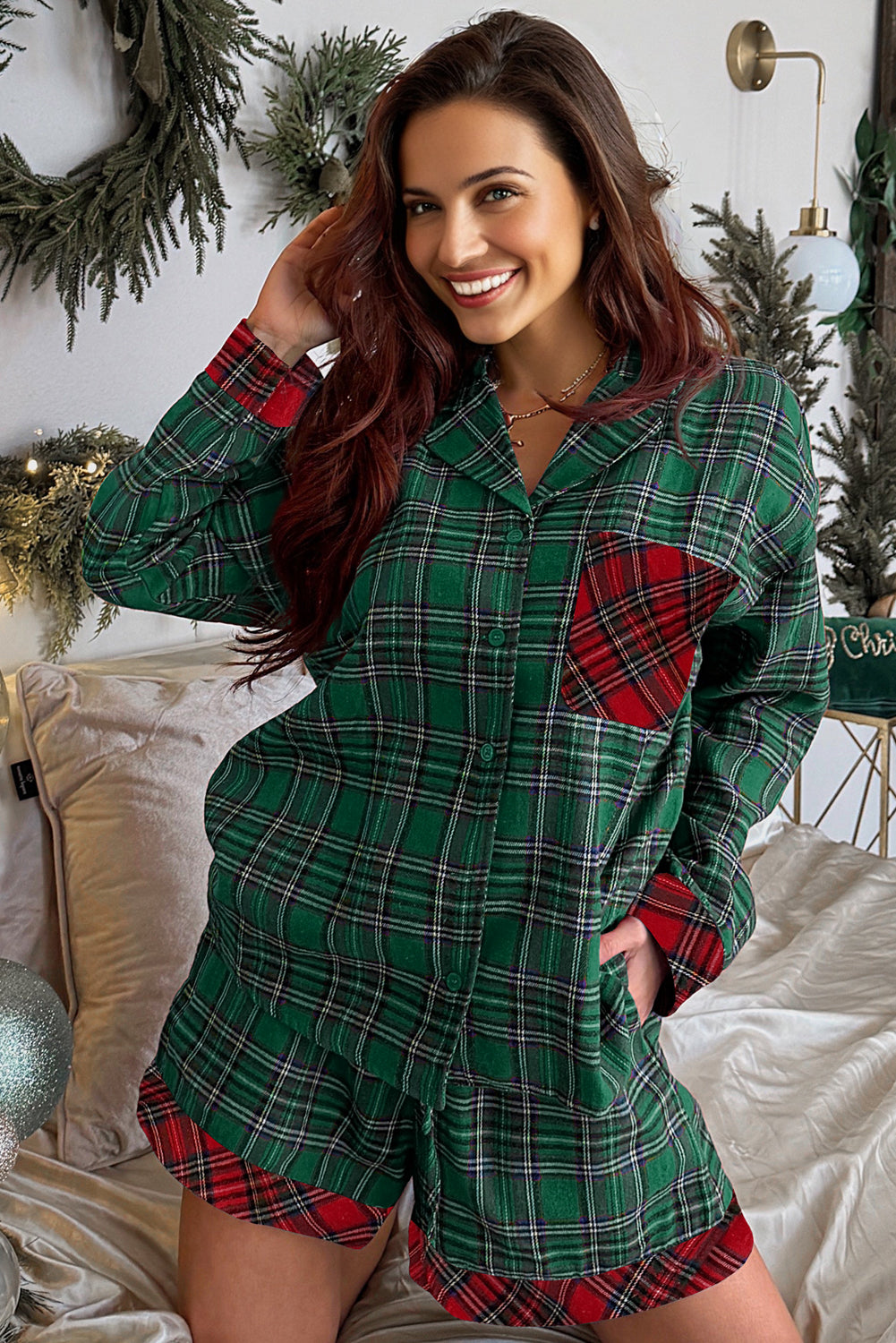 Green Plaid Christmas Patchwork Long Sleeve Shirt and Shorts Pajama Set