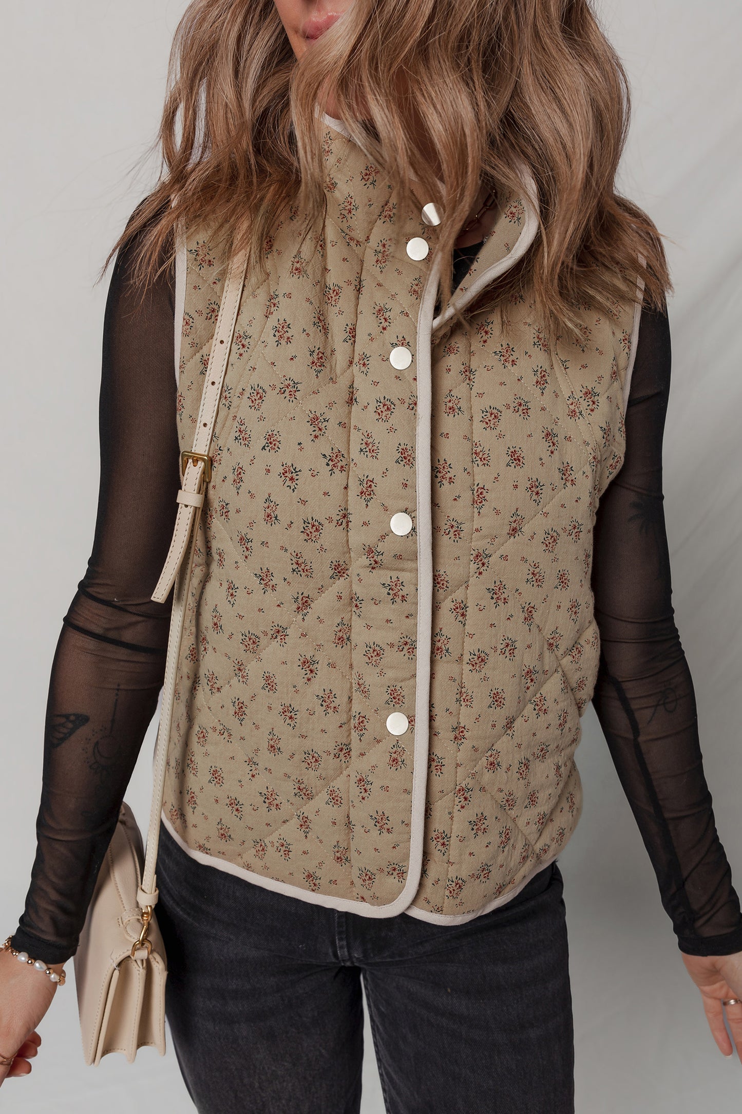 Floral Print Quilted Concealed Button Vest