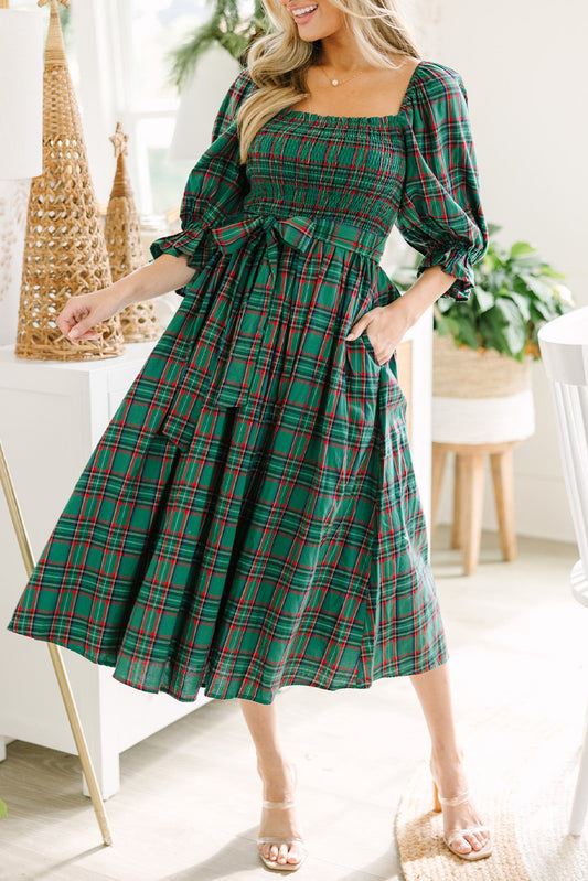 Tartan Plaid Square Neck Puff Sleeve Knot Waist Flared Midi Dress