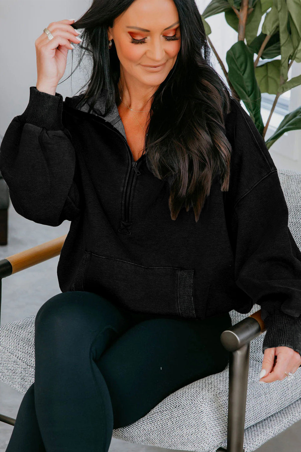 Half Zip Kangaroo Pocket Mineral Wash Baggy Hoodie