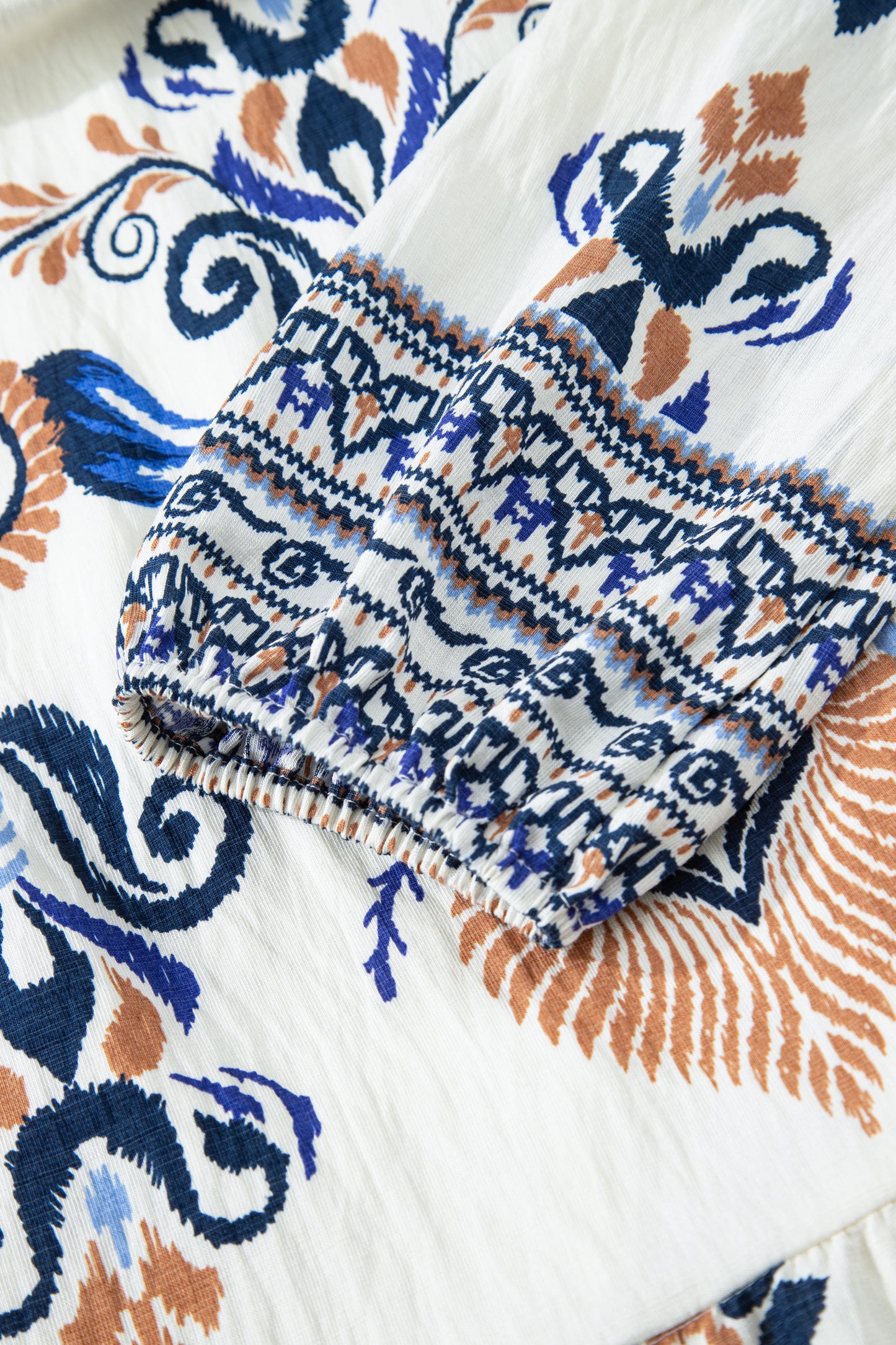 Sky Blue Boho Print Split Neck Long Sleeve Mini Dress