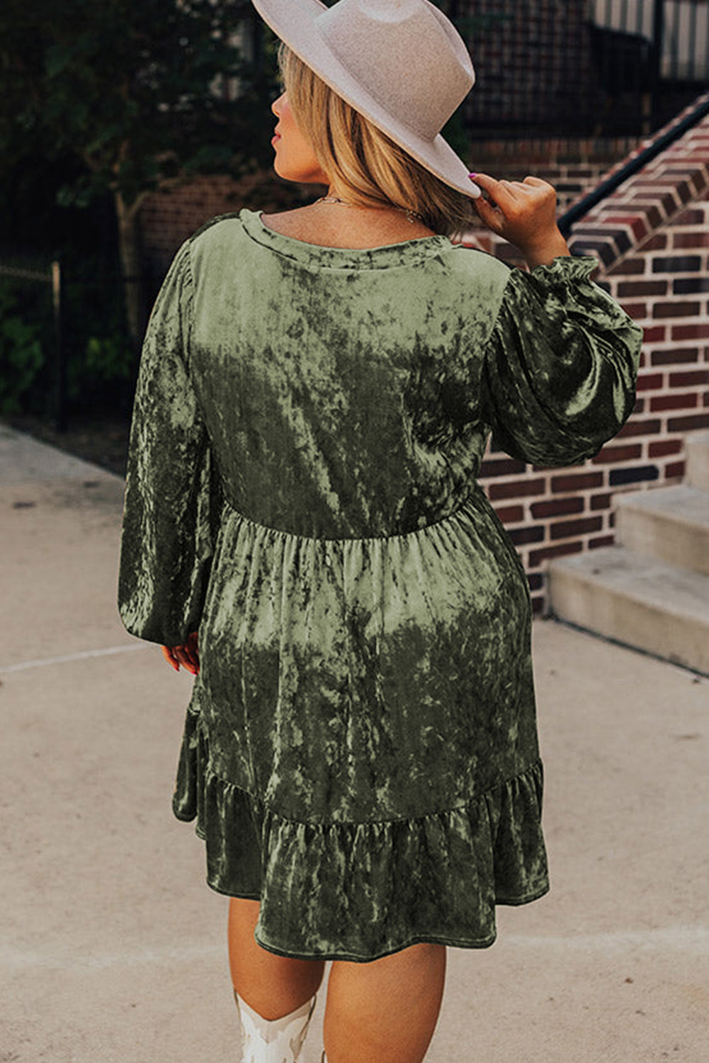 Coffee Velvet Babydoll Mini Dress with Puff Sleeve - Plus Size