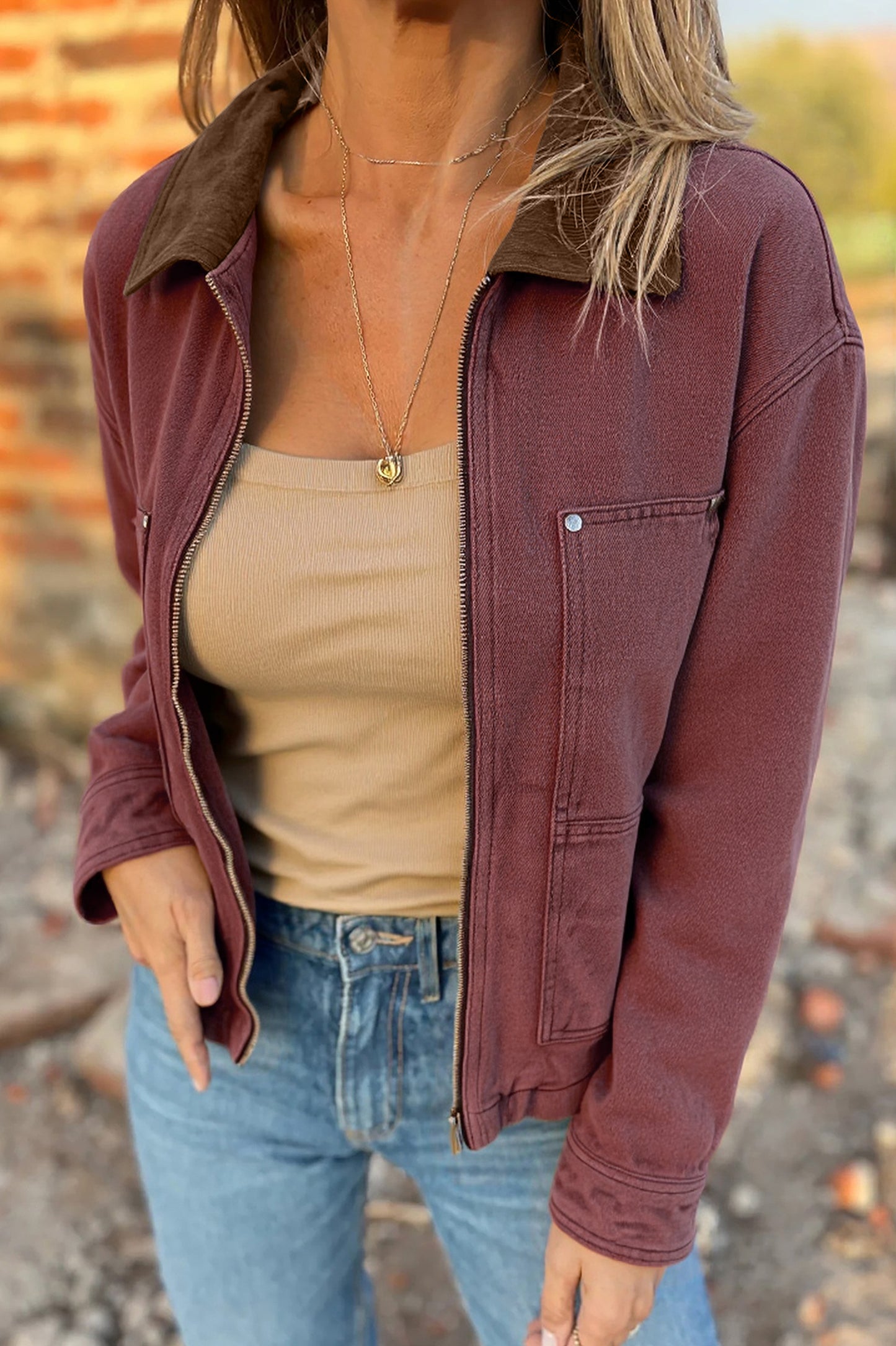Corduroy Collar Denim Jacket - Zipped Front Coffee Brown