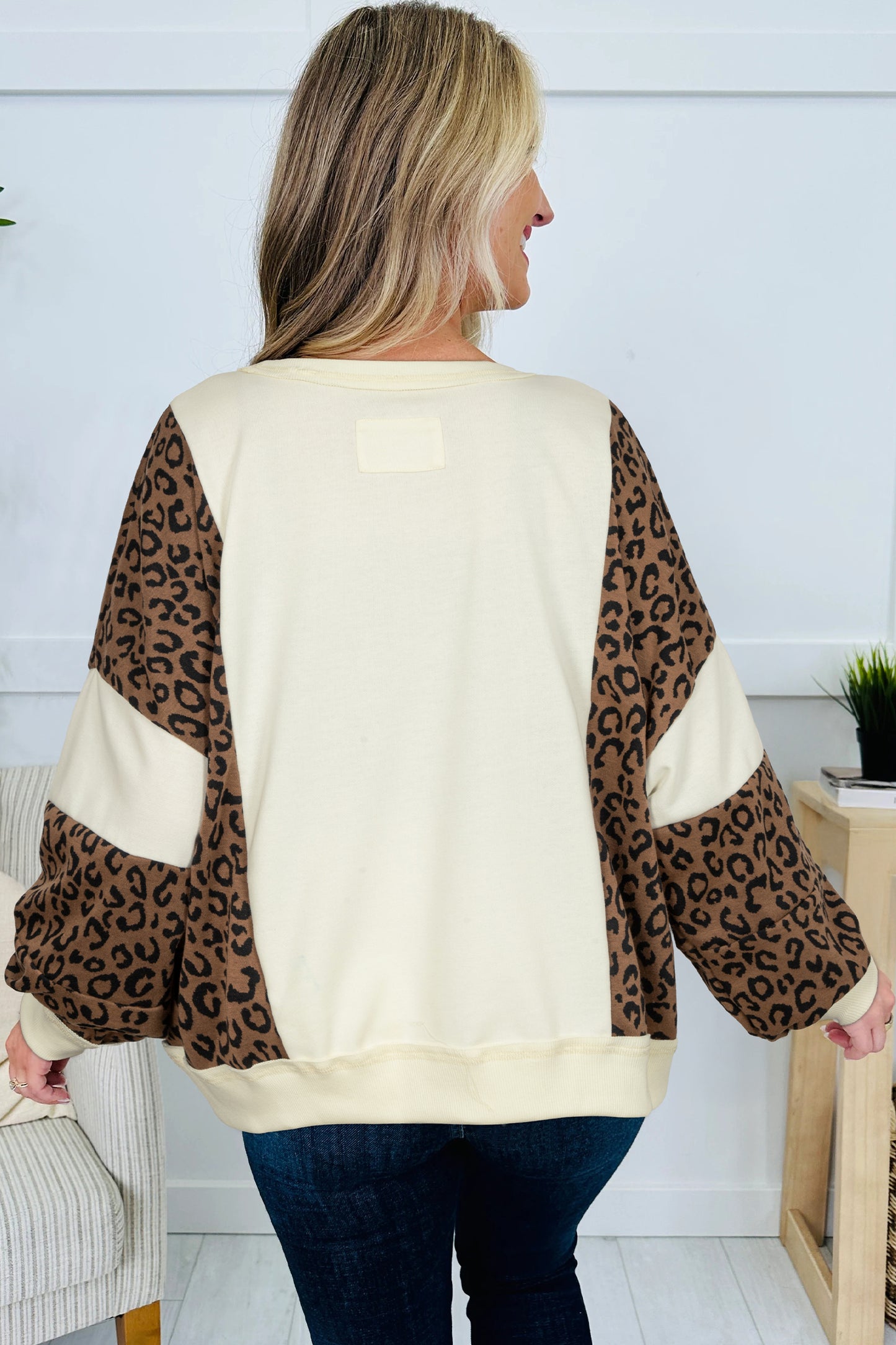 Raw Seam Color Block Leopard Patchwork Baggy Long Sleeve Top